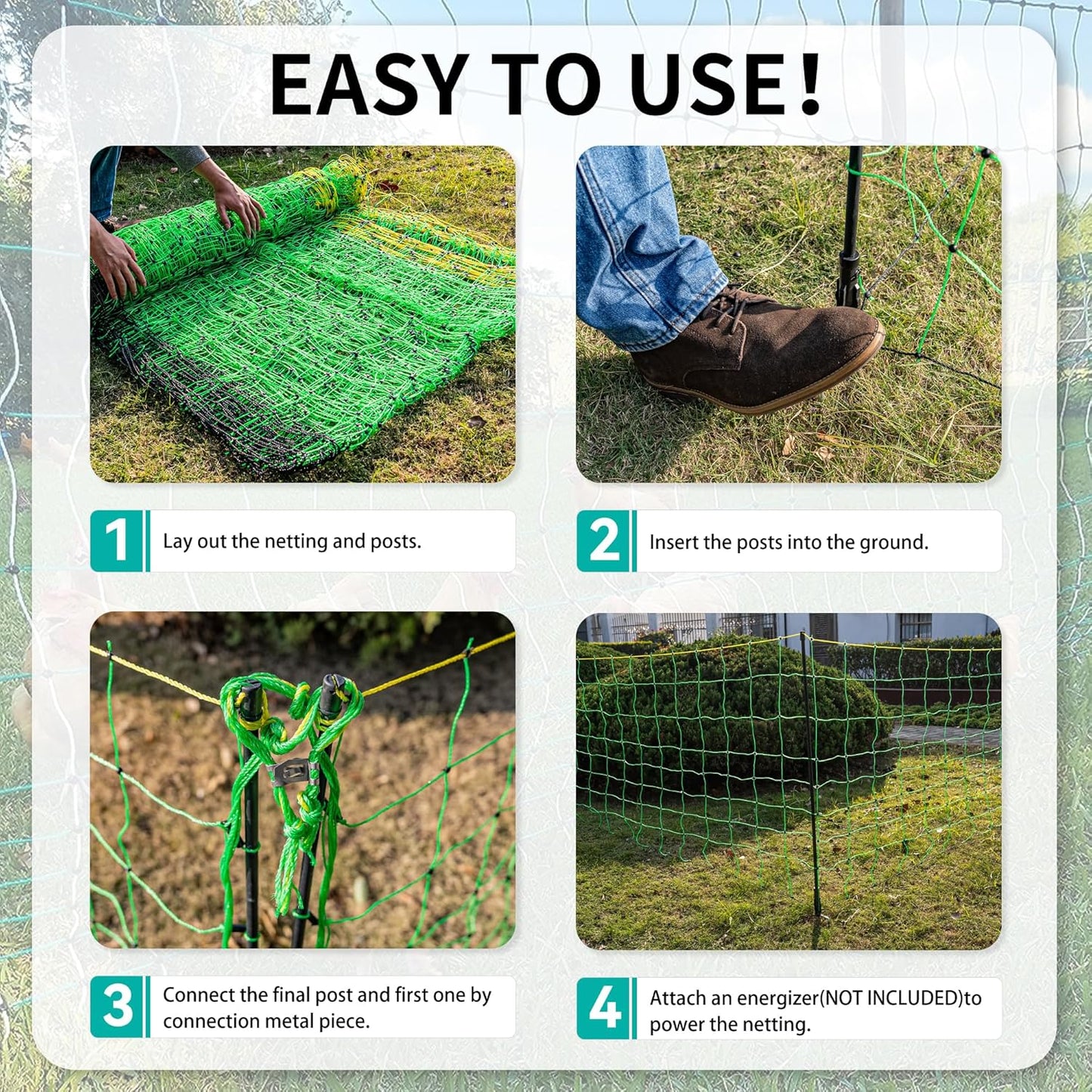 Electric Fence Netting, 42.5 H x 164' L, Portable Movable Livestock Nets Mesh for Goats, Chickens, Hogs All-Pur