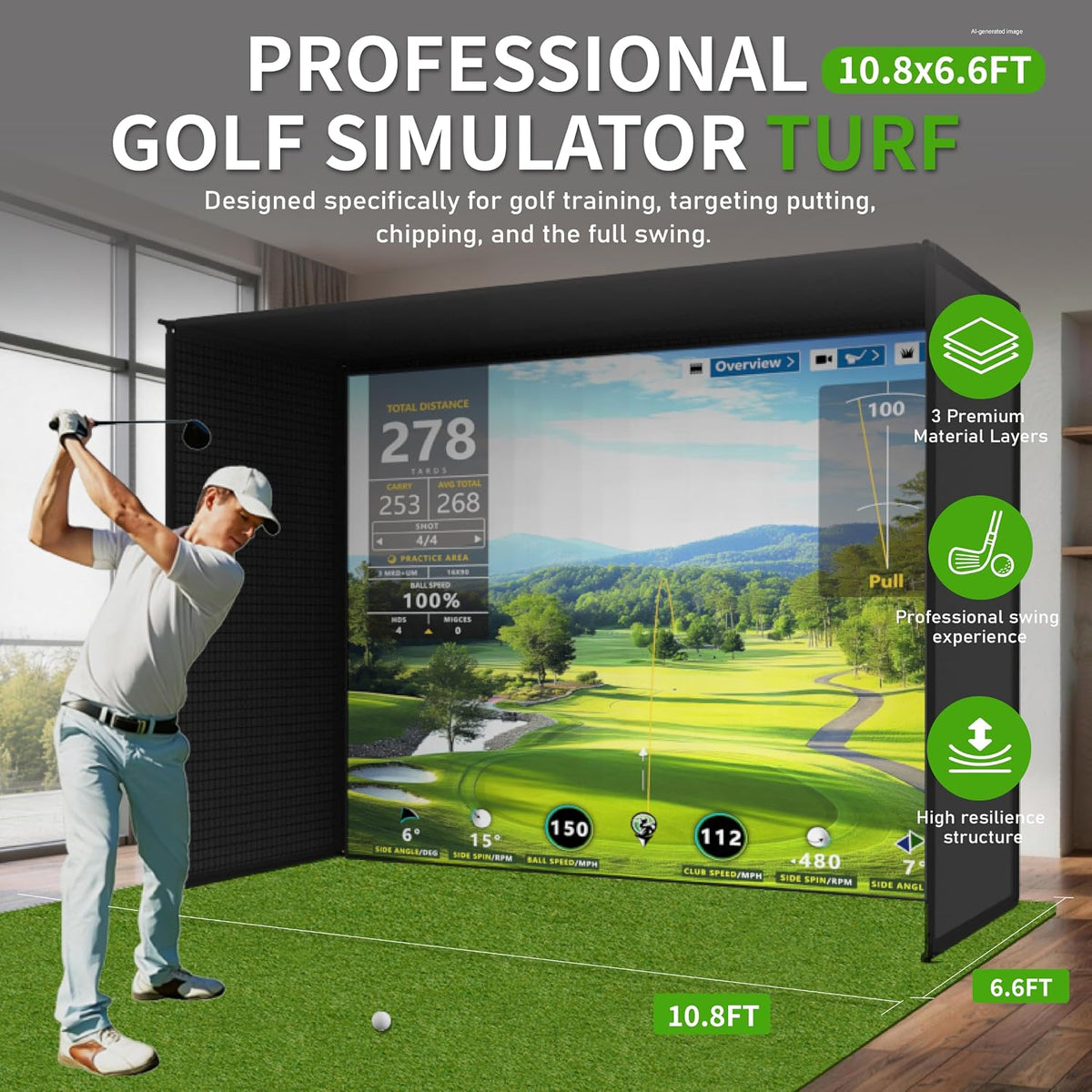 8mm High Golf Simulator Turf Mat with 3mm EVA Cushioned Backing, Dual Layer Golf Hitting Turf for Driving, Chipping, Putting, Practice Mat for Indoor Simulator Backyard, 10x6FT Total Coverage