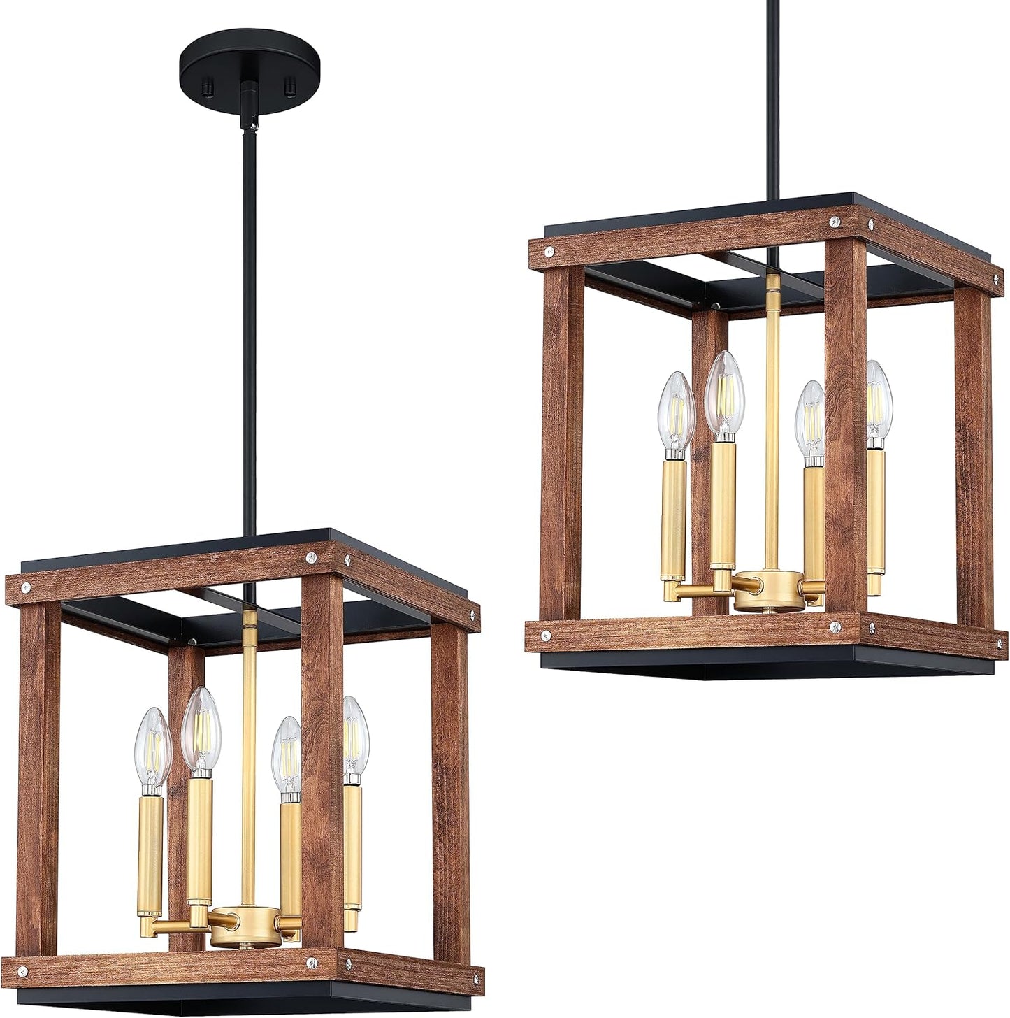 2 Pack 4 Light Farmhouse Adjustable Rod Gold Painted Beech Wood Semi Flush Mount Light Fixtures Black Finish,Rustic Hanging Pendant Chandeliers for