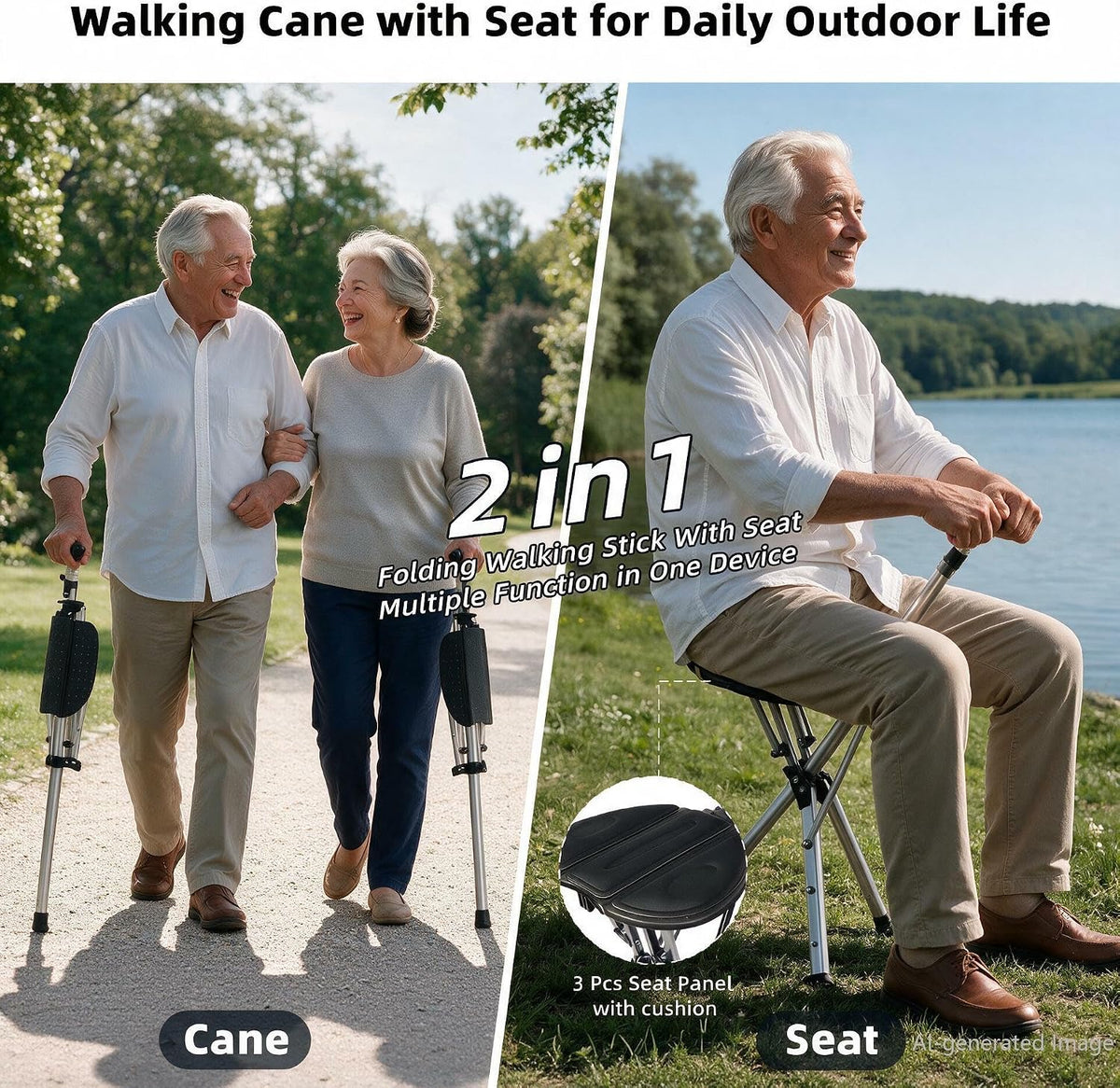EziMedPil 2-in-1 Adjustable Cane Seat for Seniors with LED Light