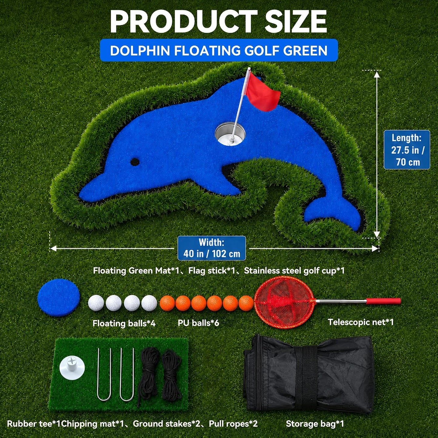 Dolphin-Shaped Floating Golf Green for Pool, 27.5x40 Inch Pool Golf Game Floating Set with Chipping Mat and Accessories, Backyard Putting Green for Outdoor Water and Land Practice