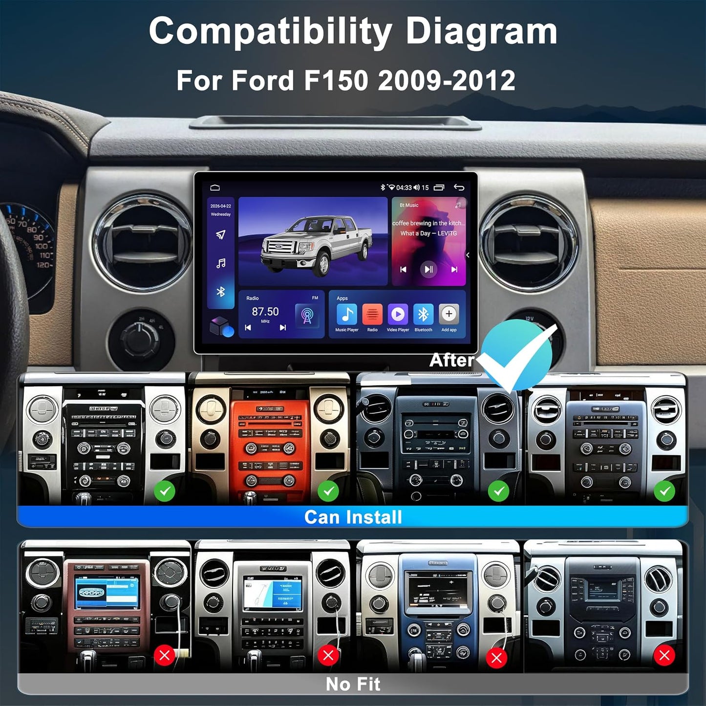 11.5 Inch 8 Core 4GB+64GB Car Radio Stereo for Ford F150 2009-2012, 2K Touchscreen Android 13 Head Unit with Wireless CarPlay & Android Auto, 1080P Backup Camera, GPS Navigation, SWC, AM/FM Radio