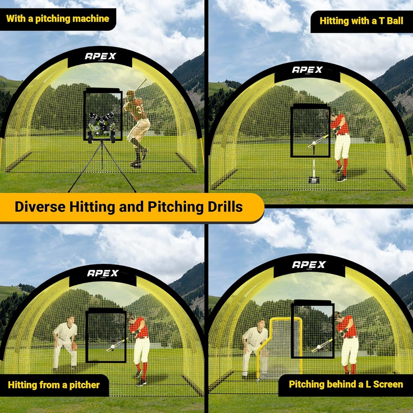 Apex Sports Portable 22ft x 12ft x 8ft Baseball & Softball Batting Cage with Pitching Machine Hole, 3ply 1.25&#39;&#39; Yellow Netting, Secure Steel