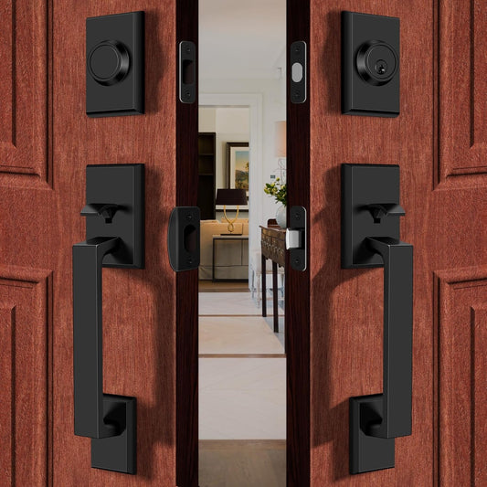 Double Front Door Lock Set, Square Heavy Duty Double Door Handle with Dummy, Handleset with Deadbolt, Black