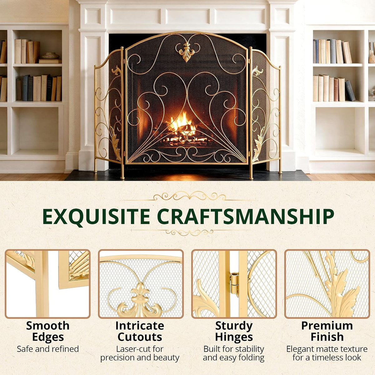 50 x 33.6 Inch 3-Panel Foldable Wrought Iron Fireplace Screen