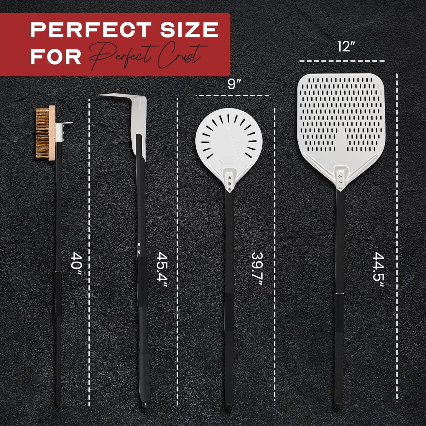 Pizza Peel Set - 12'x14' Rectangular Peel, 9' Round Turning Peel, Brass Brush, Ash Rake - Perfect Pizza Oven Accessories for Ovens & BBQ - Pizza Pan