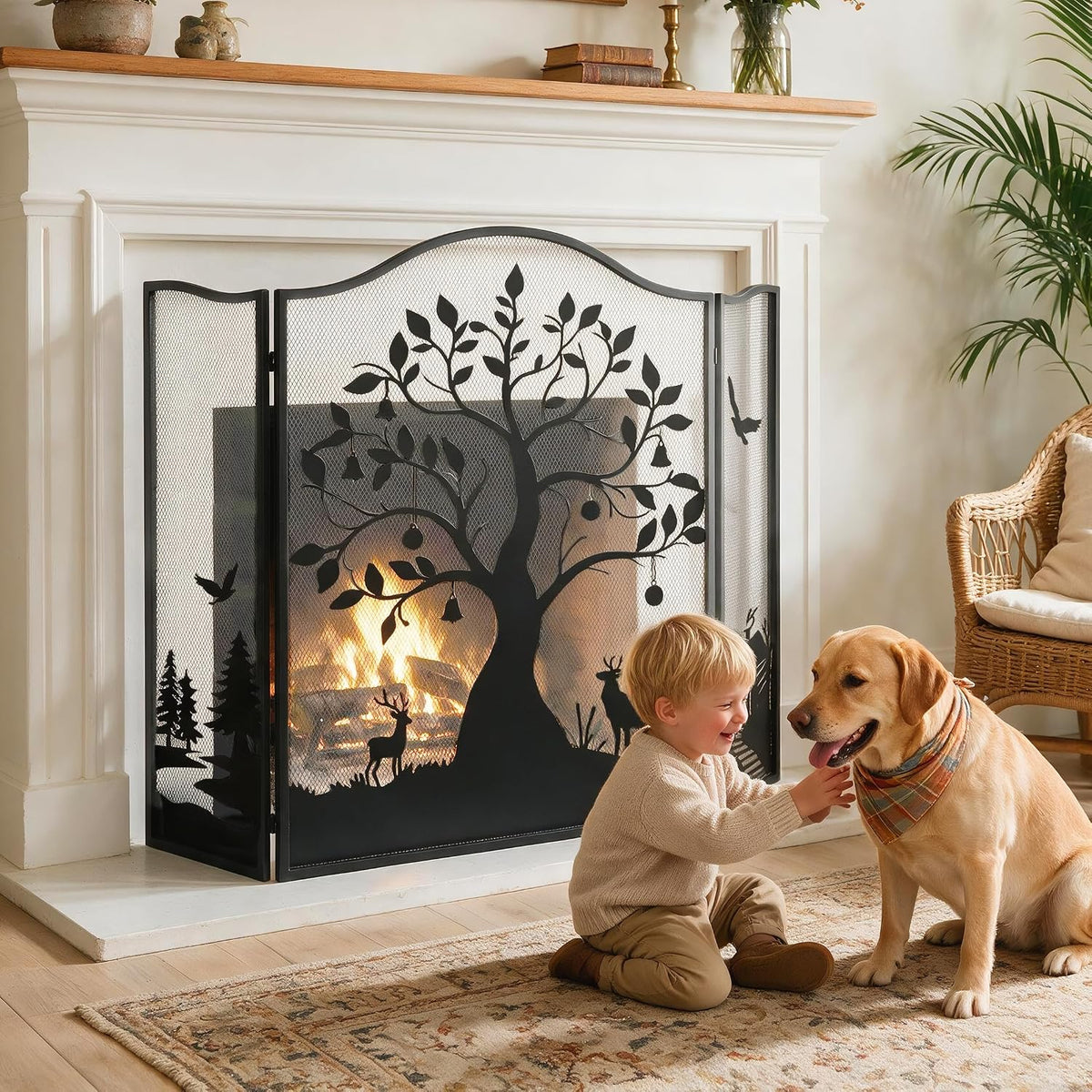 3-Panel Fireplace Screen, Tree Pattern Fire Guard, Rustic, 50" x 36"