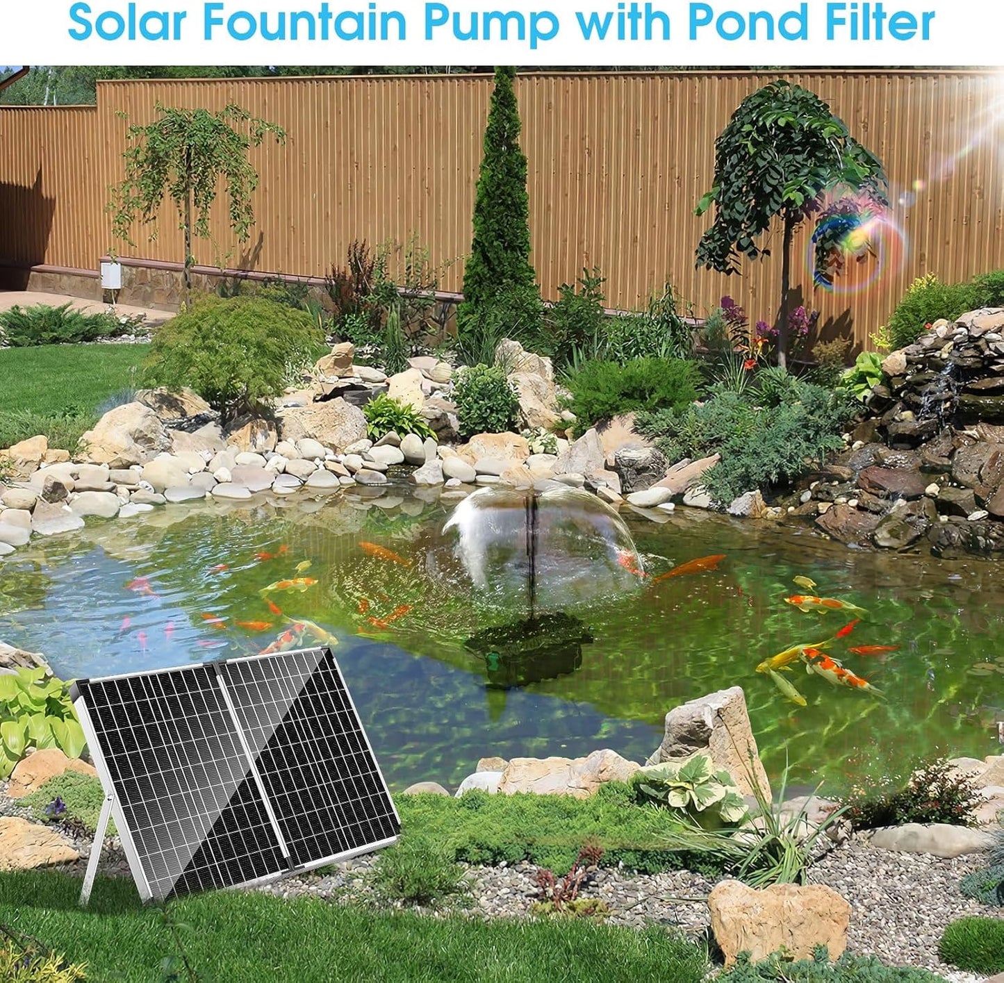 POPOSOAP 40W Solar Fountain Pump with Pond Filter, Solar Pond Filter with Adjustable Flow, Pond Filters for Outdoor Ponds Pool Waterfall Koi Pond Water Features