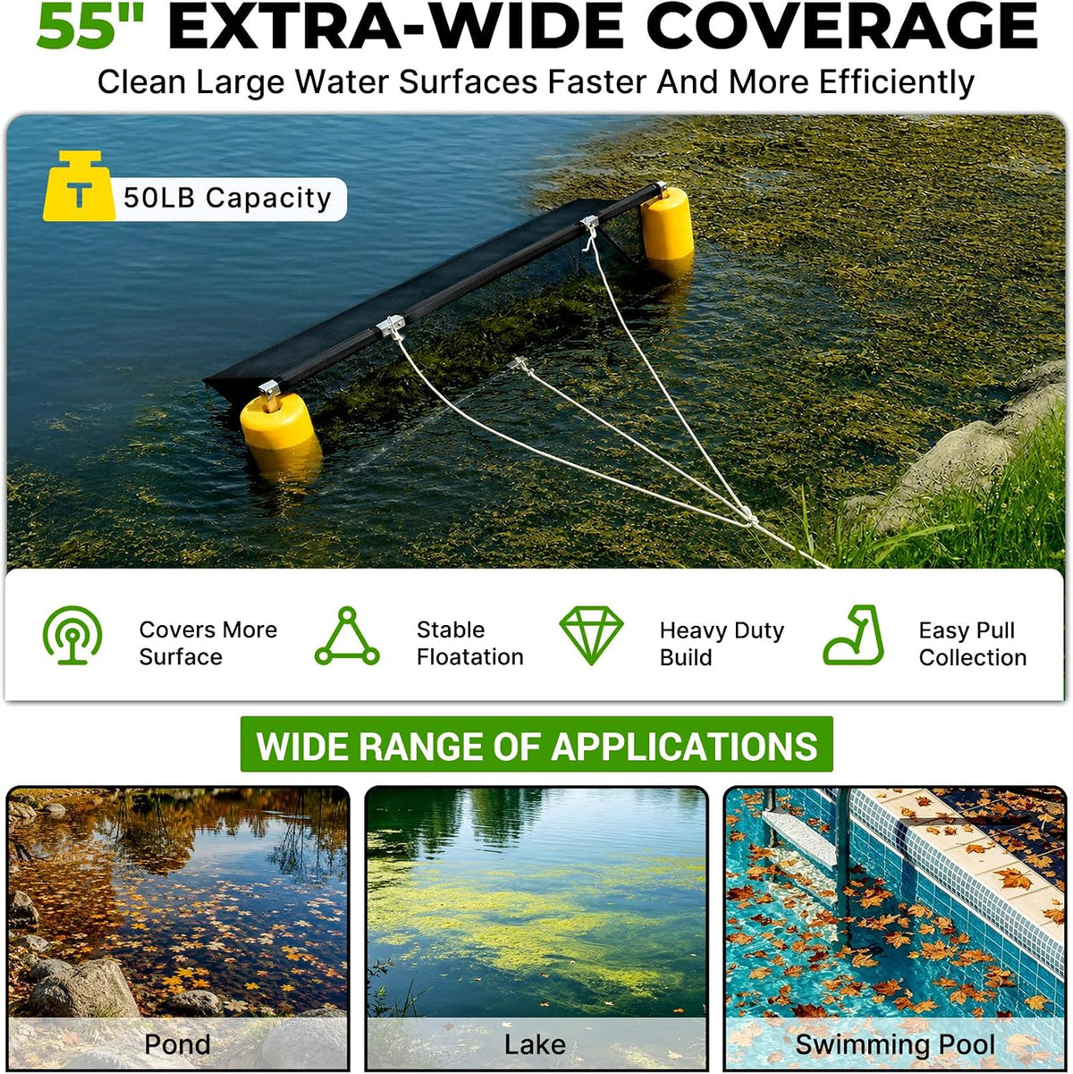 55" Wide lake floating debris collector for Lakes & Ponds, with Spare Net