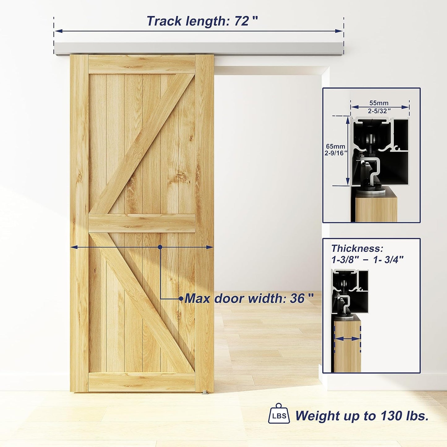 JUBEST 6FT Sliding Barn Door Track Kit, Aluminium Box Rail Wall Mounted Hidden Barn Door Hardware Kit, for Various Modern Doors, Easy to Install, Low