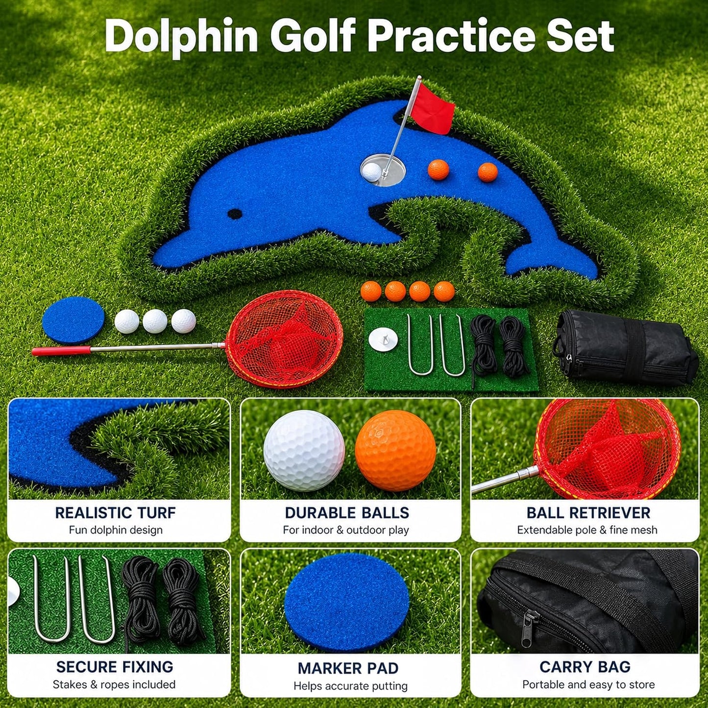 Dolphin-Shaped Floating Golf Green for Pool, 27.5x40 Inch Pool Golf Game Floating Set with Chipping Mat and Accessories, Backyard Putting Green for Outdoor Water and Land Practice
