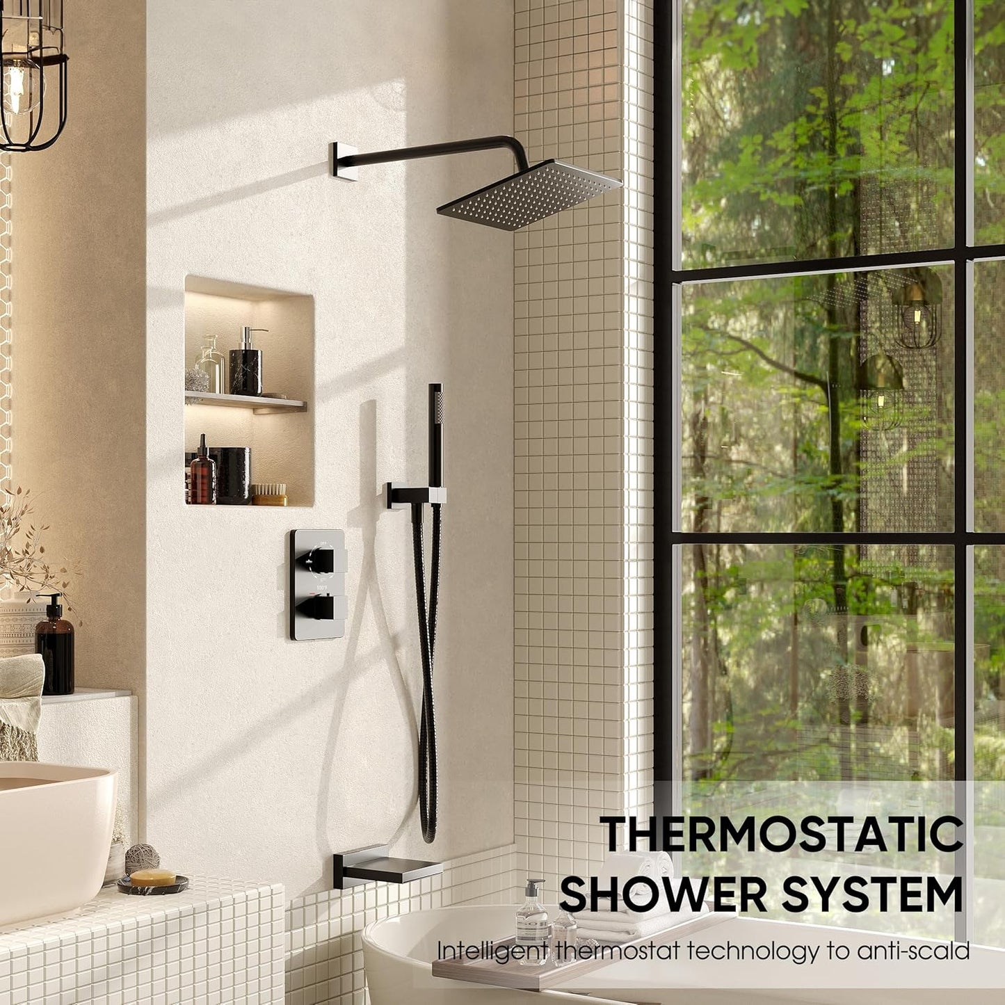 Esnbia Thermostatic Bathtub Shower Faucet Set, All Metal Tub Shower System with 3 Way Shower Valve, 10 Inches Rain Shower