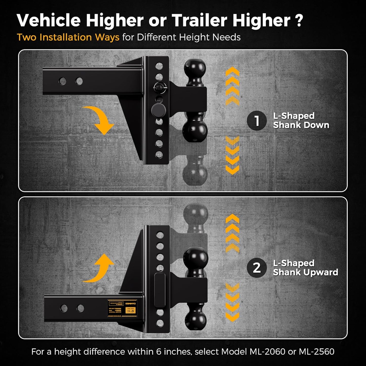 CAMMOO Adjustable Trailer Hitch, Tow Hitch with 2.5 inch Receiver, 6 inch Rise/Drop Hitch, 2" and 2-5/16" Ball Hitch, 22000 LBS GTW Truck Hitch with U-Shaped Alloy Steel Anti-Theft Pin, Black