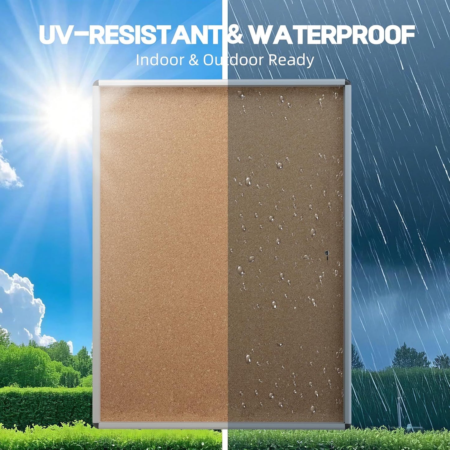 INNOVART 38”x28” Enclosed Bulletin Board, Weatherproof Outdoor Enclosed Cork Board with Swing-Open Locking Door, Aluminum Frame Wall Mounted Display Case for Home, School, Office, Commercial