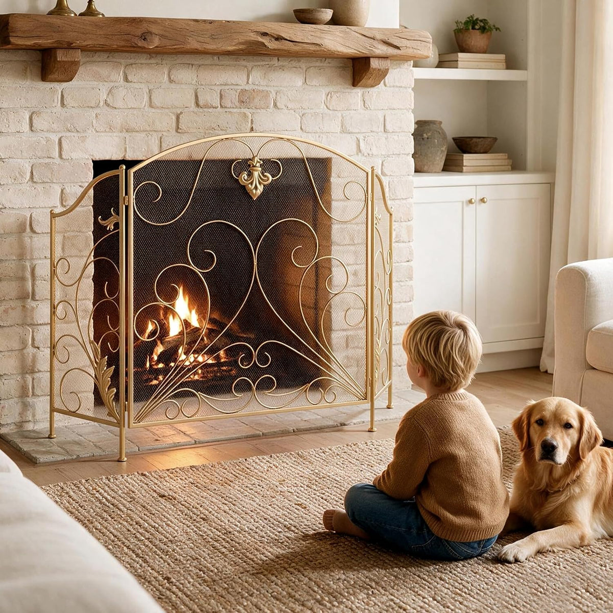 50 x 33.6 Inch 3-Panel Foldable Wrought Iron Fireplace Screen