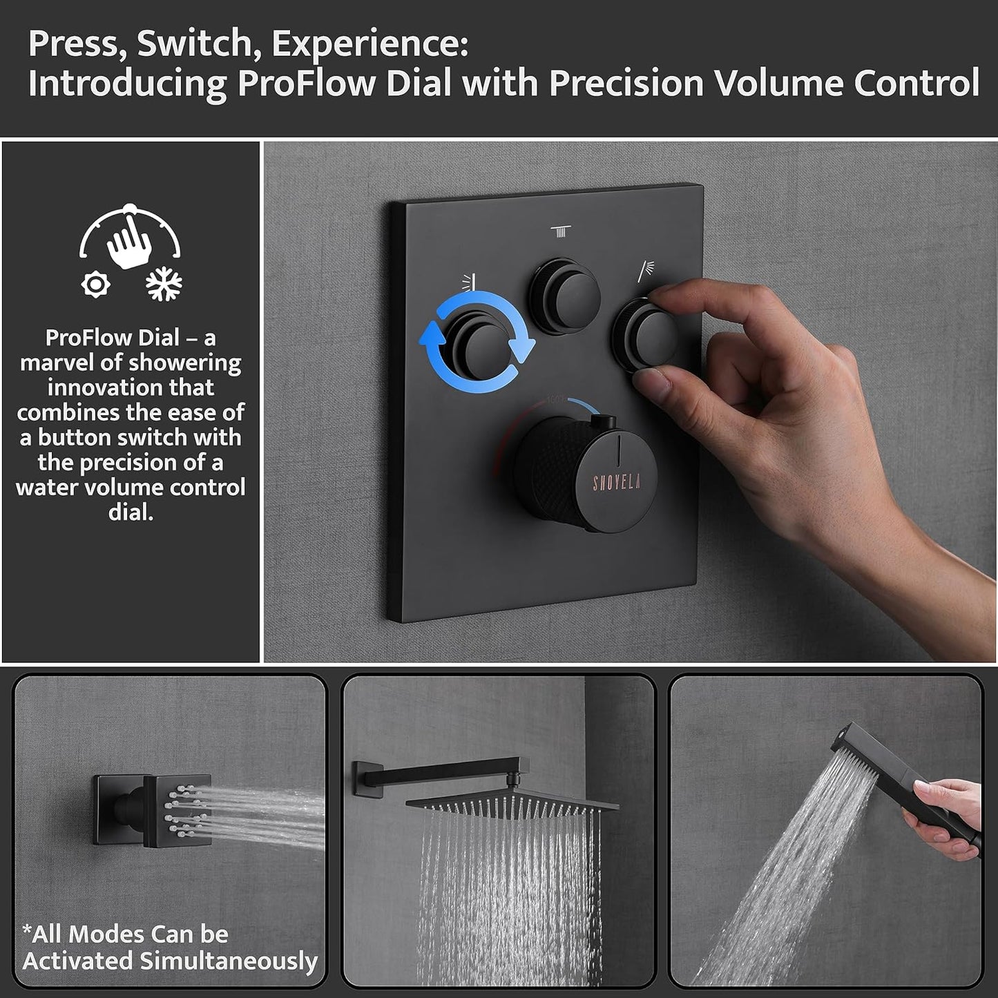 SHOYELA Thermostatic Shower System with 4PCS Dual Modes Body Jets Matte Black, Push Button Diverter Shower Fixtures with 2 in 1 Handheld, Wall Mount