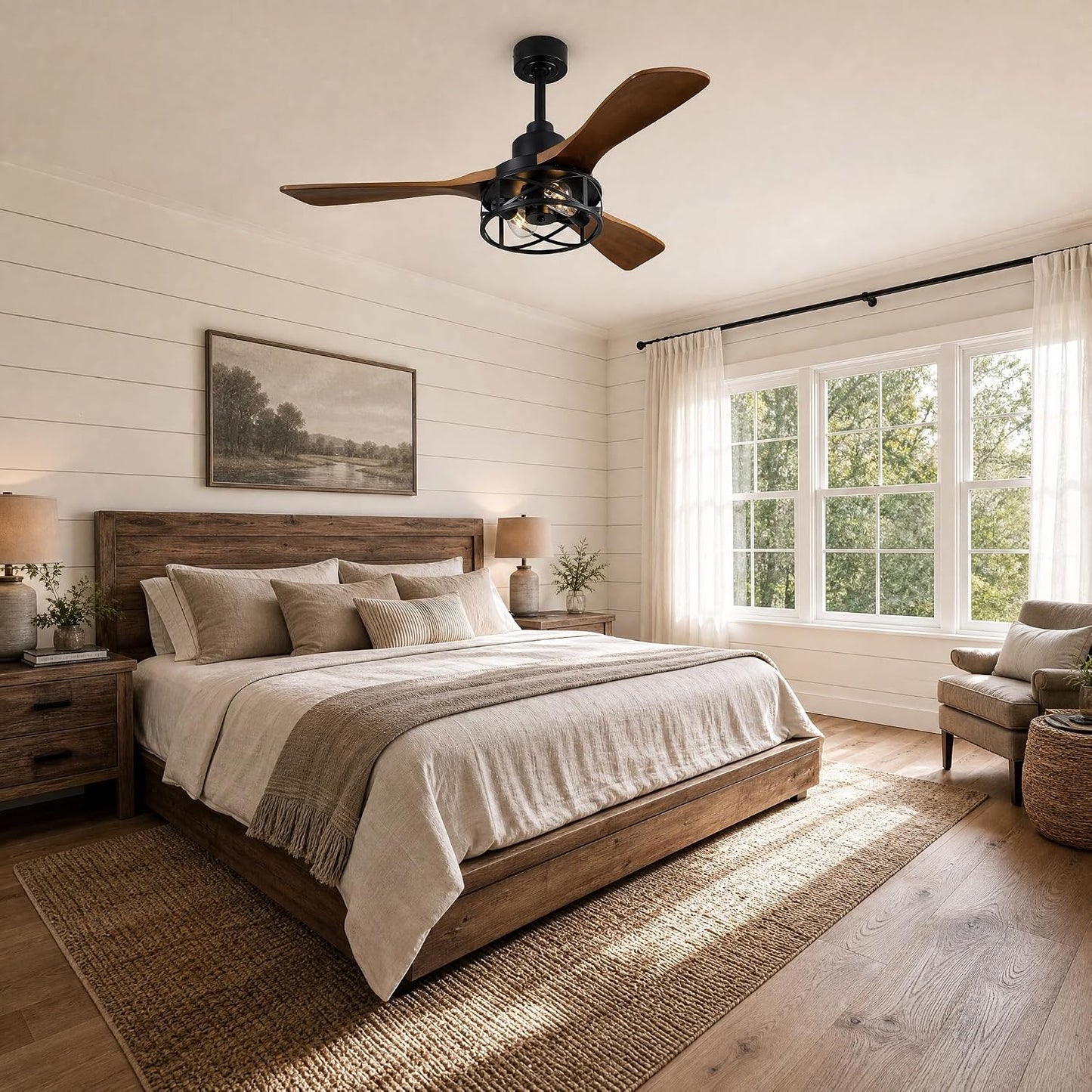 42 Inch Modern Farmhouse Ceiling Fan with Light, 3 Walnut Blade Industrial Cage Light, Quiet DC Motor, App & Remote, 4"+8" Downrods, Hard‑wired Indoor Fan for Bedroom & Living Room