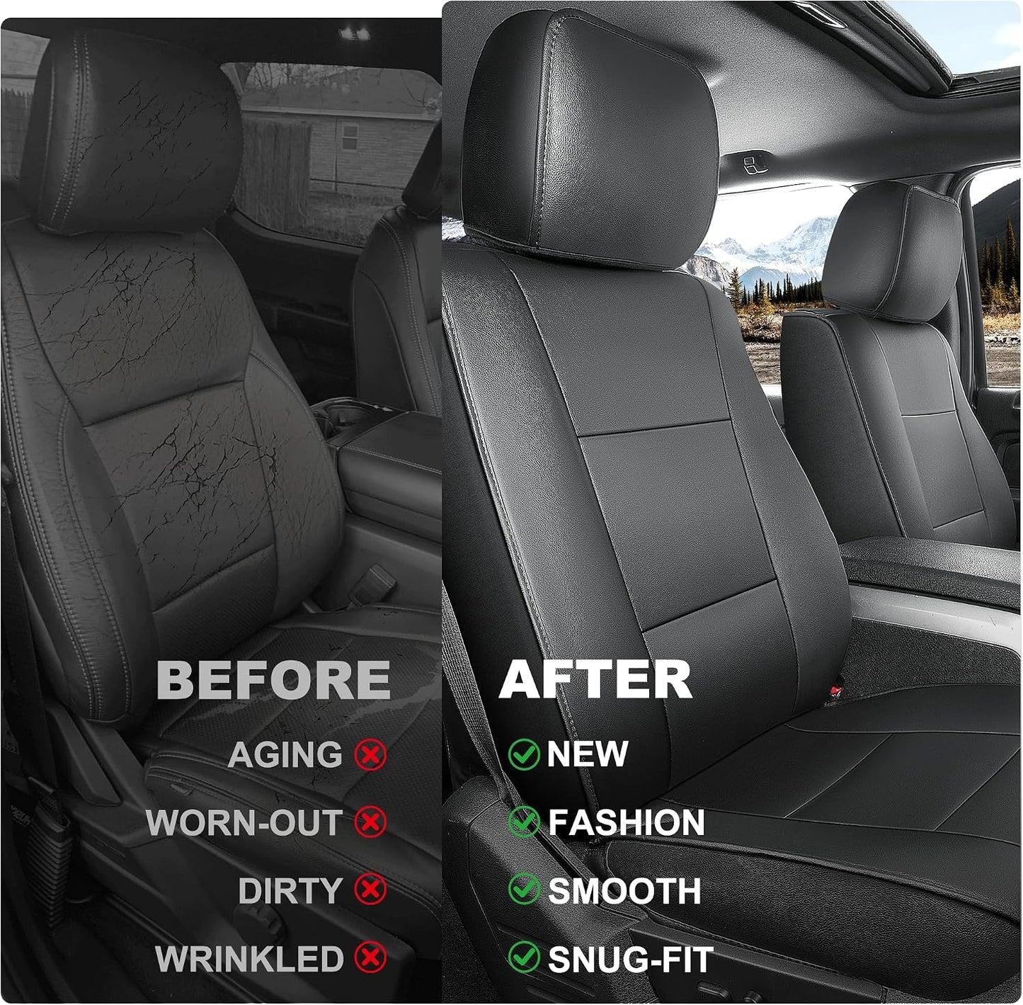 TTX LIGHTING Custom Fit Front Seat Cover for Ford F150 2009-2026 - F250/F350/F450 2017-2026 Waterproof Full Set Breathable Faux Leather Car Protector Cushion Accessories(Black-Vine)