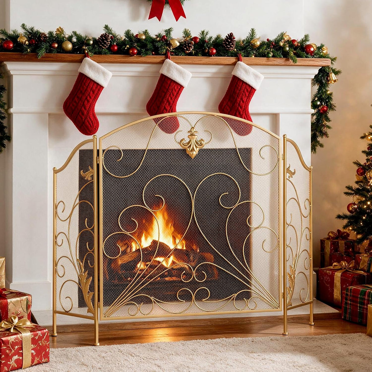 50 x 33.6 Inch 3-Panel Foldable Wrought Iron Fireplace Screen