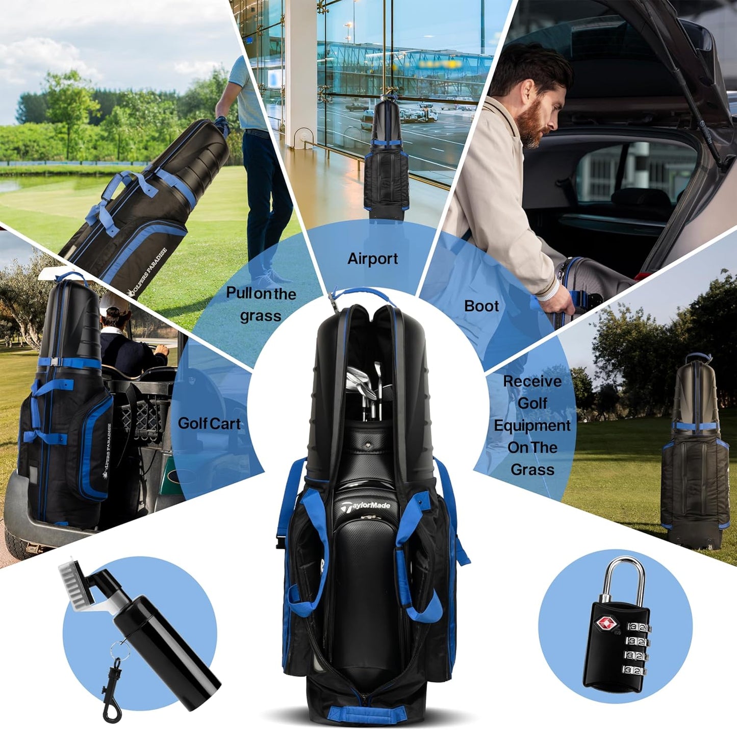 Hard Case Golf Travel Bag - Golf Travel Bag with Wheels & ABS Hard Case Top for Airlines with Password Lock, Easy to Maneuver