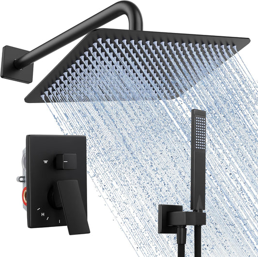 KES Rain Shower System, 12-inch Rectangle Shower Head Set, Wall mounted Shower Valve Kit, Black Shower Faucet Set with High Pressure Rain Shower and