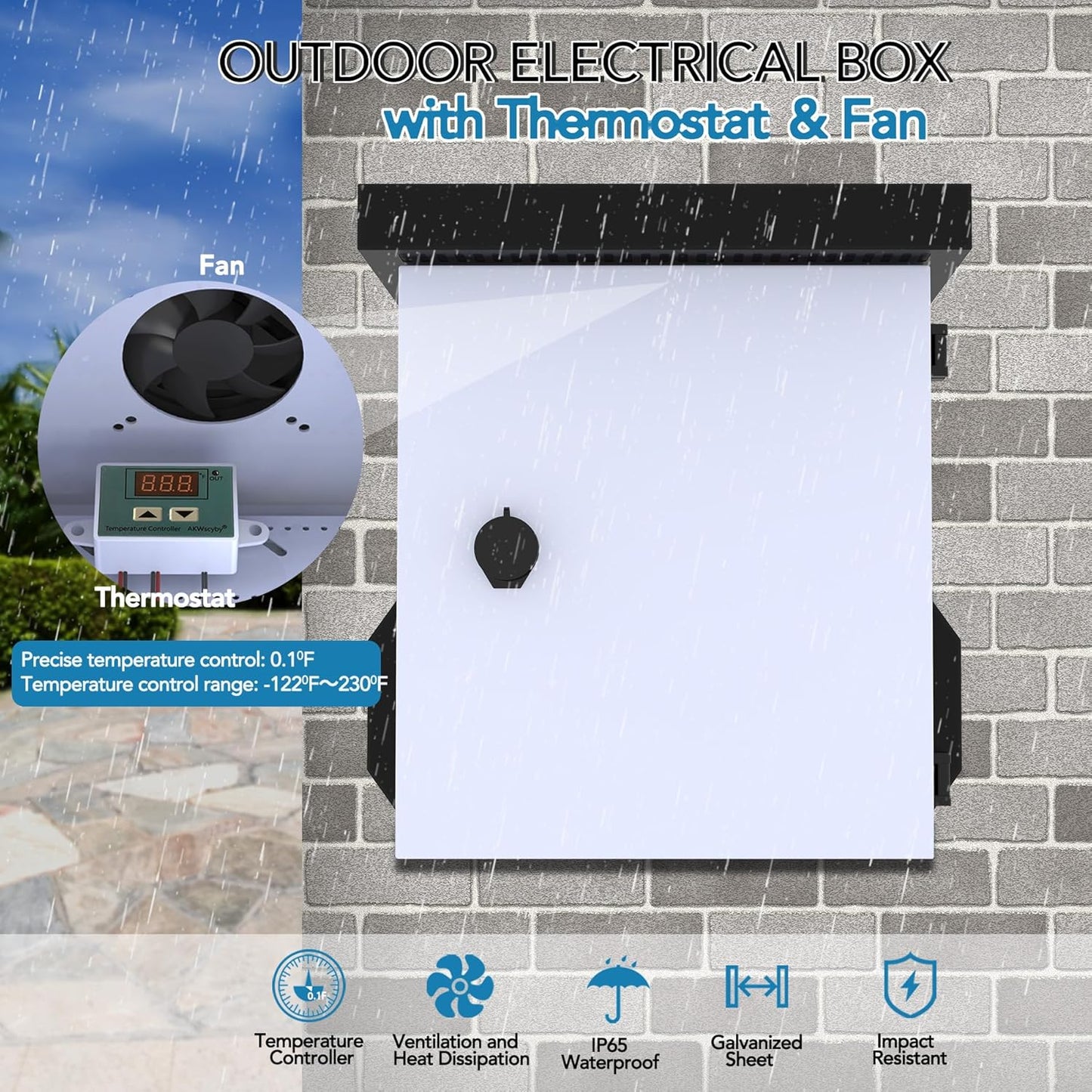 AKWscyby Outdoor Electrical Box with Thermostat and Fan, Precise Temperature Control 0.1F, IP65 Water Resistant Rating, Galvaniz