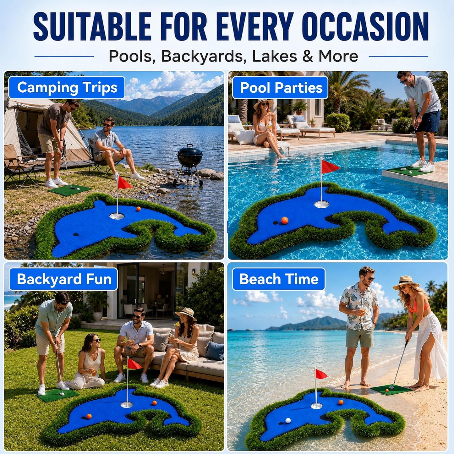 Dolphin-Shaped Floating Golf Green for Pool, 27.5x40 Inch Pool Golf Game Floating Set with Chipping Mat and Accessories, Backyard Putting Green for Outdoor Water and Land Practice