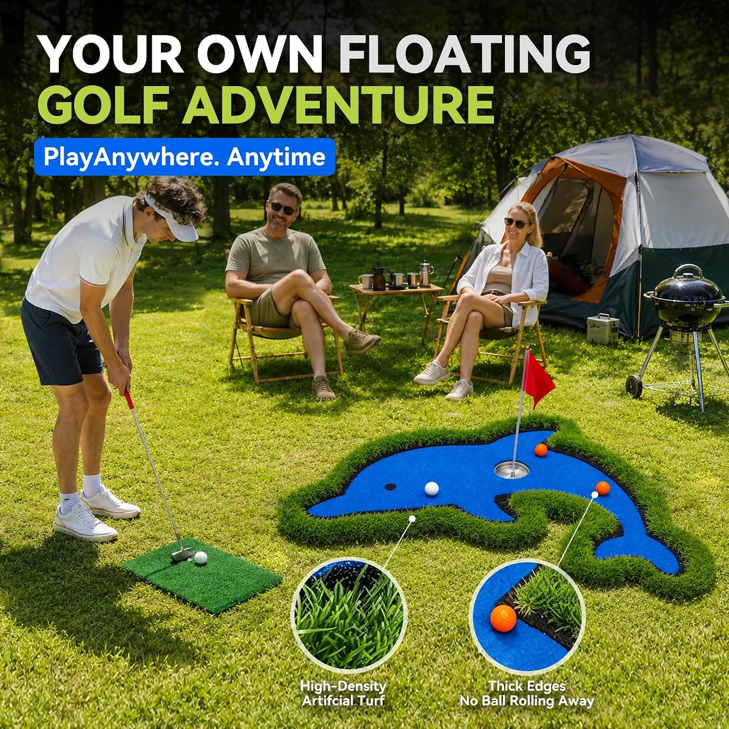 Dolphin-Shaped Floating Golf Green for Pool, 27.5x40 Inch Pool Golf Game Floating Set with Chipping Mat and Accessories, Backyard Putting Green for Outdoor Water and Land Practice
