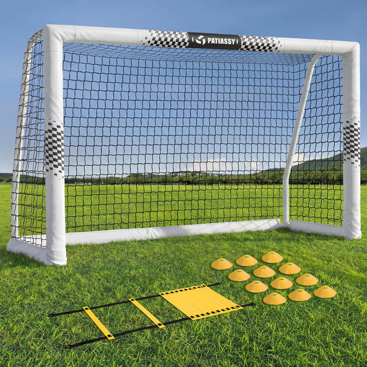 Soccer Goal for Backyard, 8x6/6x4 FT Heavy Duty Soccer Net with Safety Foam Padded Metal Post, Durable Goals with Training Set Agility Ladder & 12 Cones for Youth & Adults Practice 8x6 FT