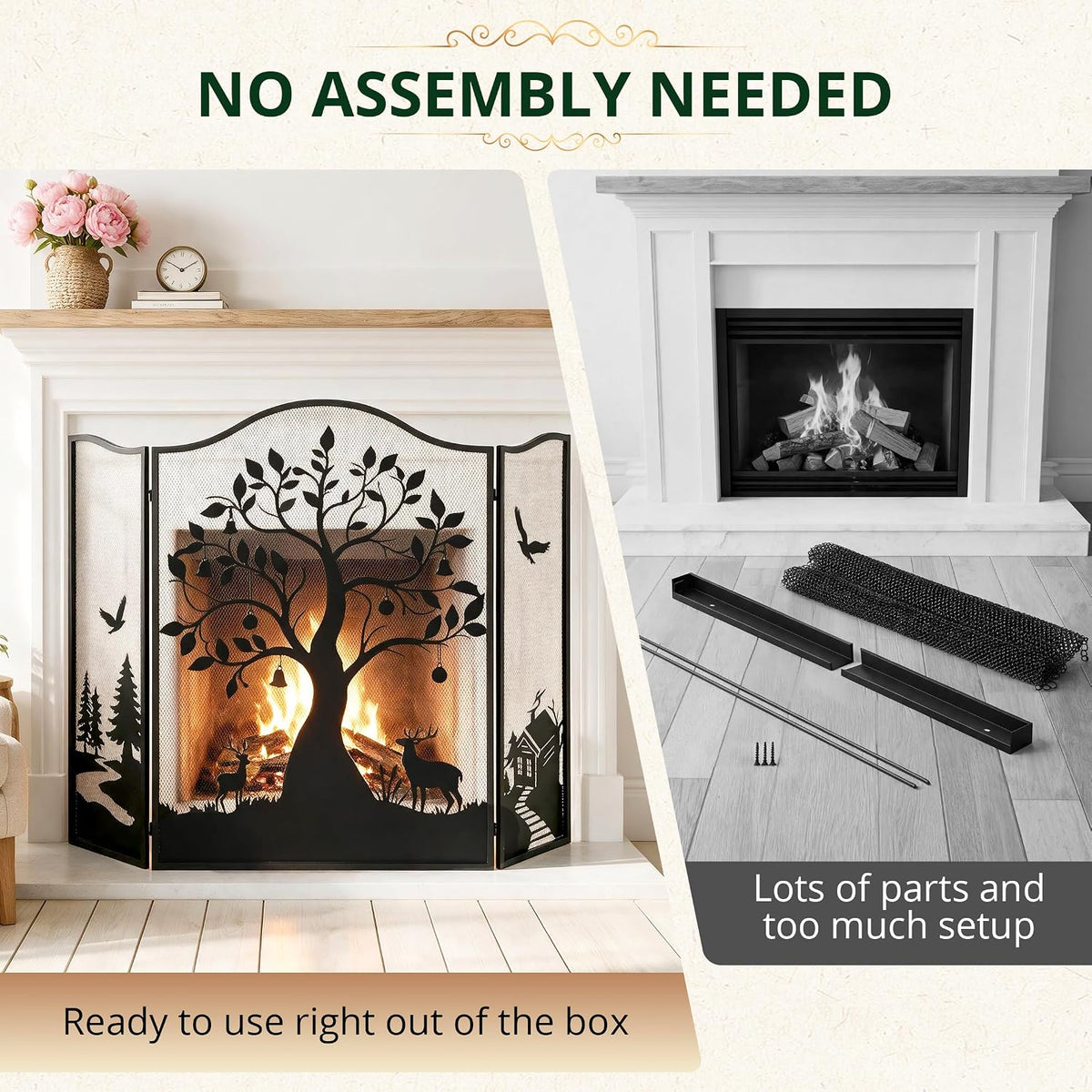 3-Panel Fireplace Screen, Tree Pattern Fire Guard, Rustic, 50" x 36"