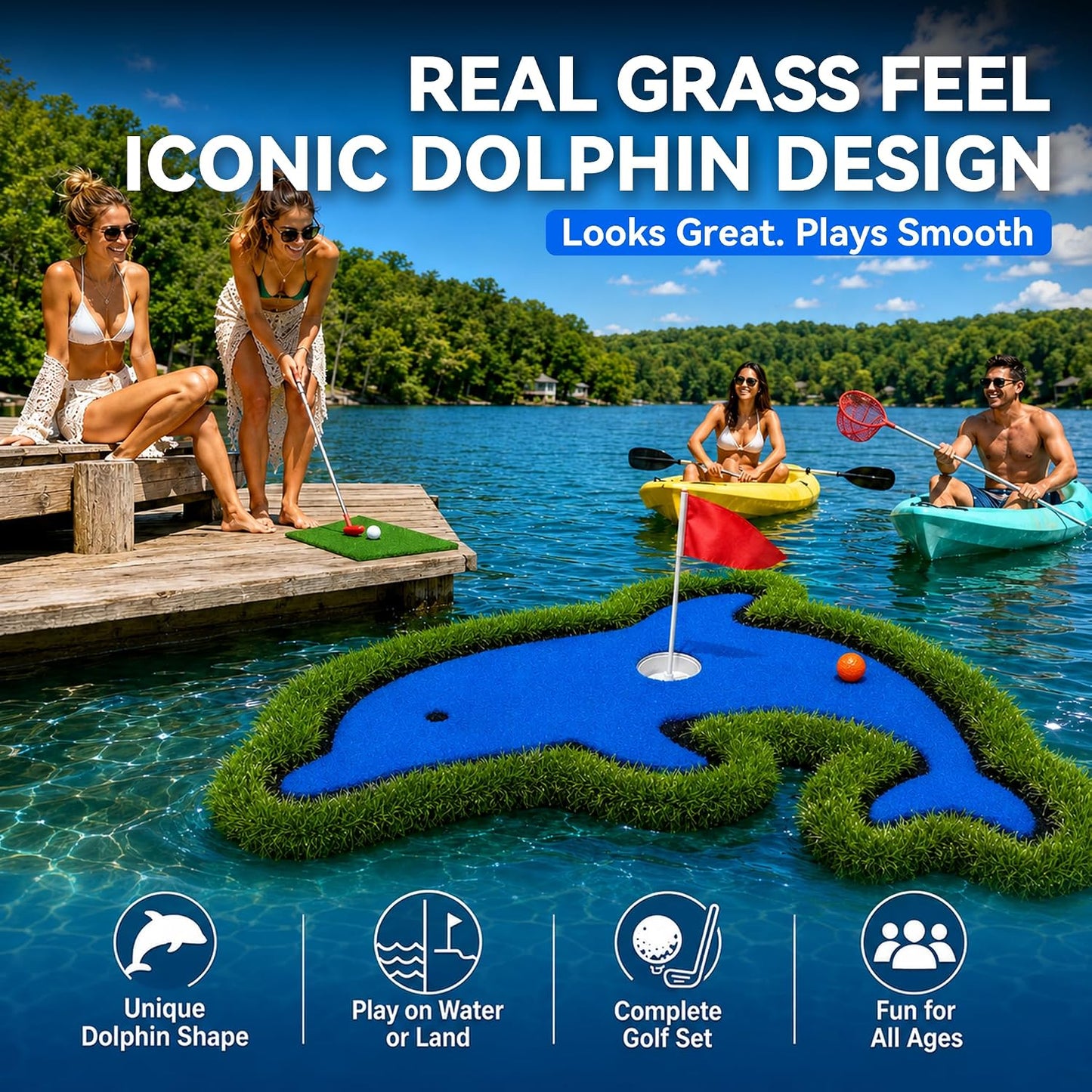 Dolphin-Shaped Floating Golf Green for Pool, 27.5x40 Inch Pool Golf Game Floating Set with Chipping Mat and Accessories, Backyard Putting Green for Outdoor Water and Land Practice