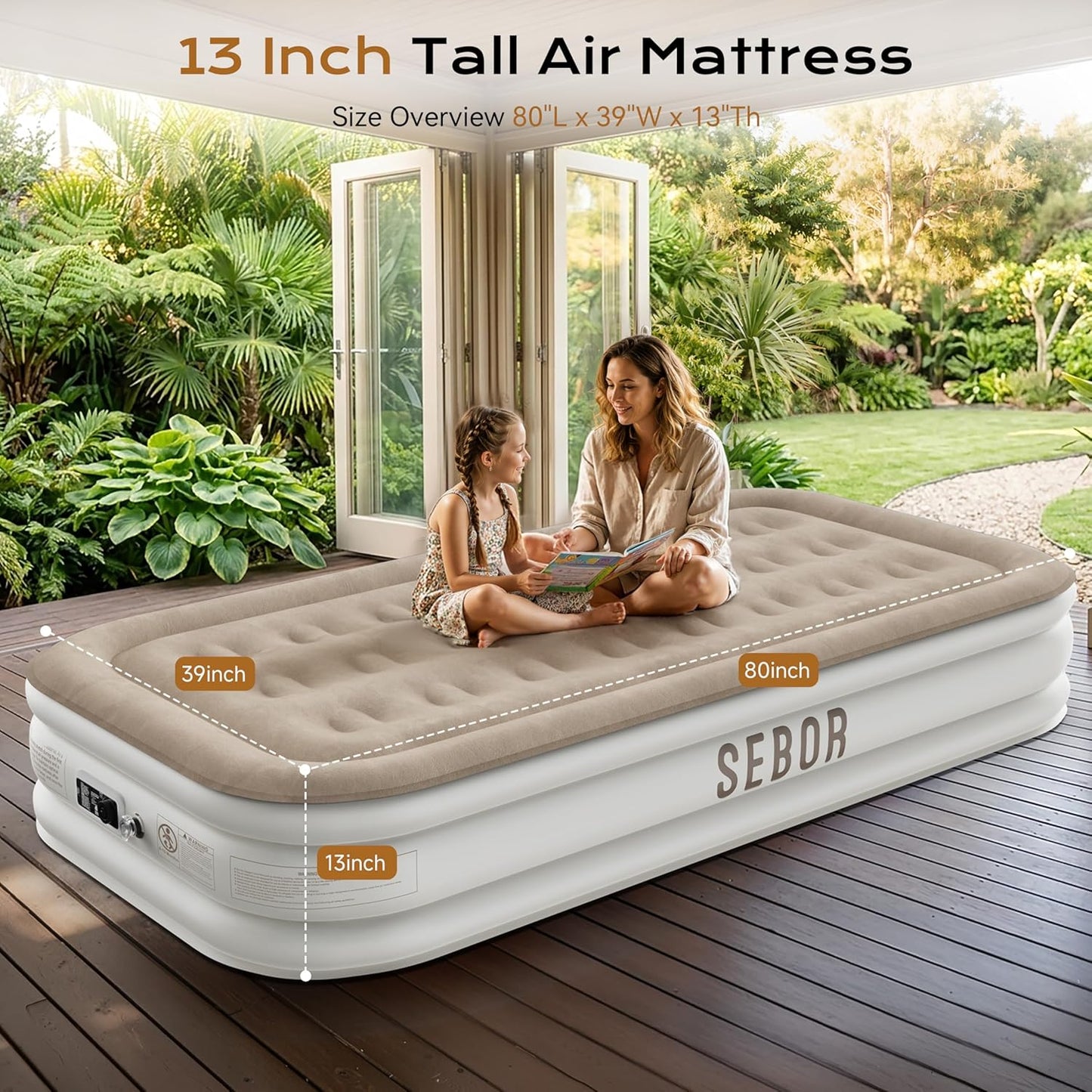 Air Mattress Twin with Built-in Pump 13", Comfortable Self-Inflating Blow up Mattress, Tan