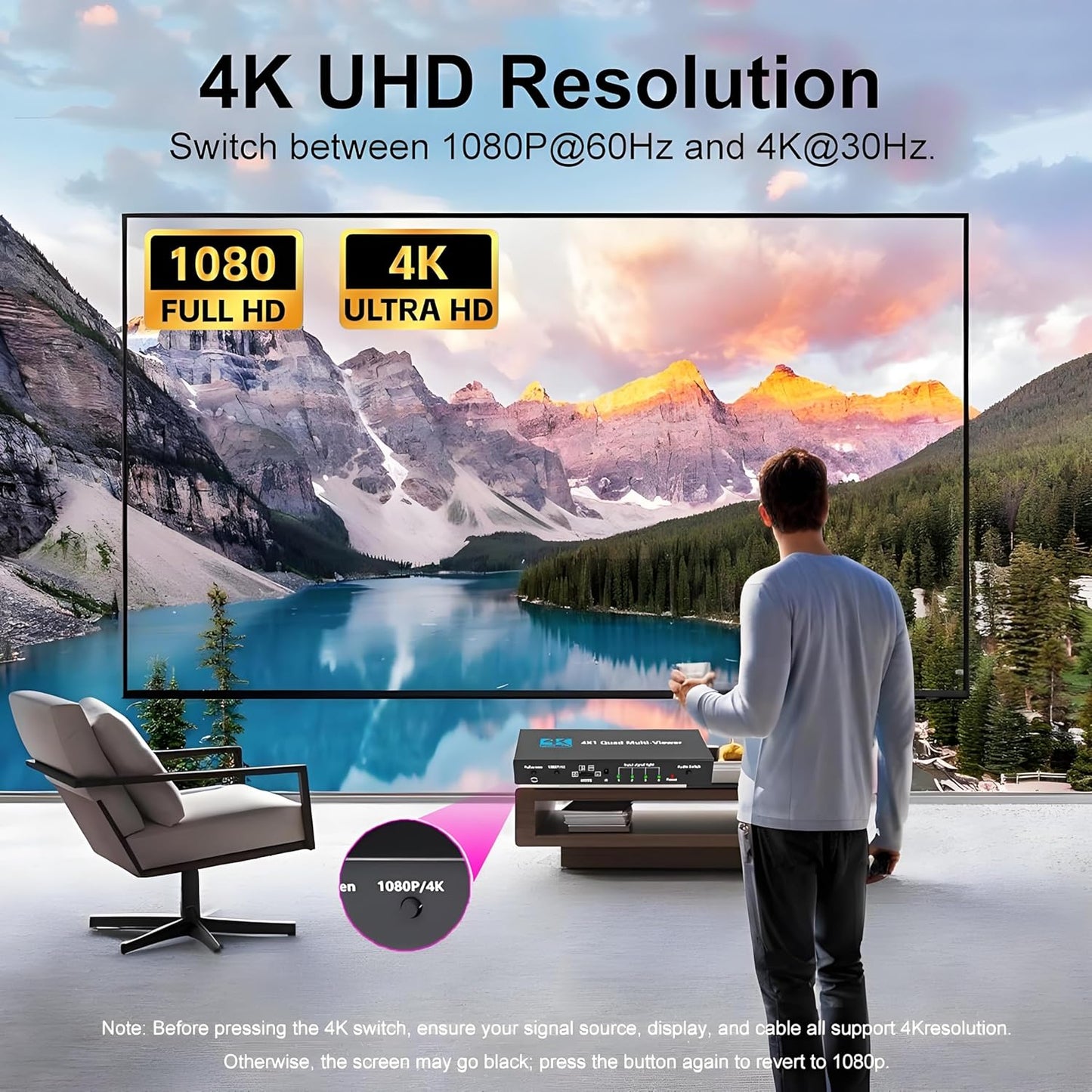 HDMI Multi-Viewer 4X1, Seamless Switcher 4 in 1 Out, Quad Multi Viewer Switcher with IR Remote, Supports 4K 30Hz, 1080P@60Hz, 5 Display Modes Multiviewer Switch for Security Camera, Gaming Consoles