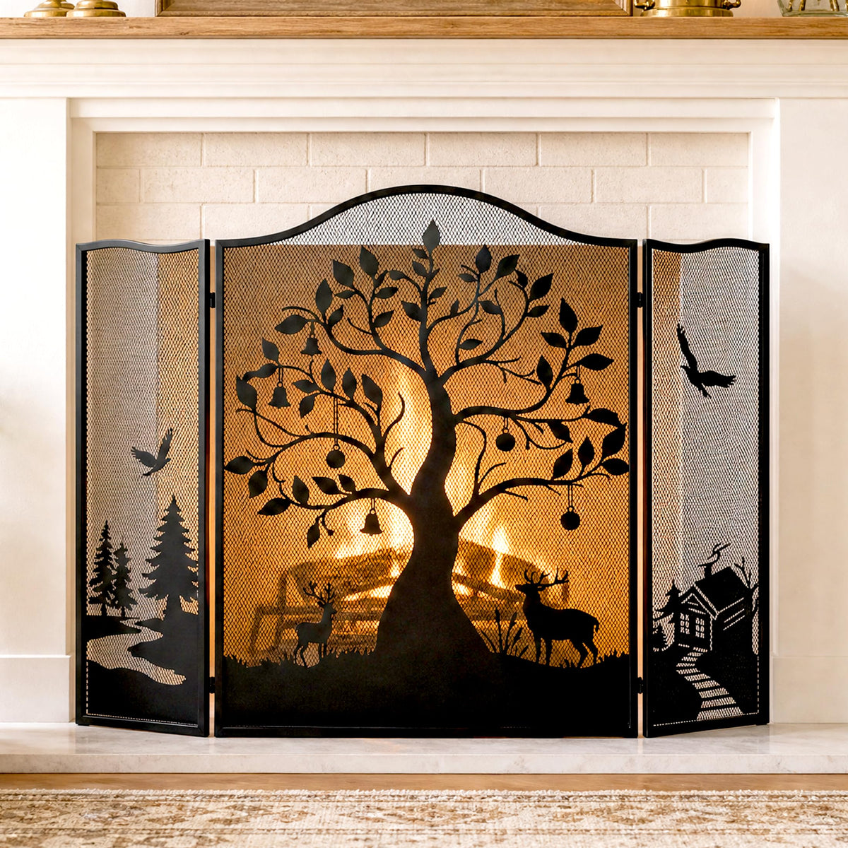 3-Panel Fireplace Screen, Tree Pattern Fire Guard, Rustic, 50" x 36"