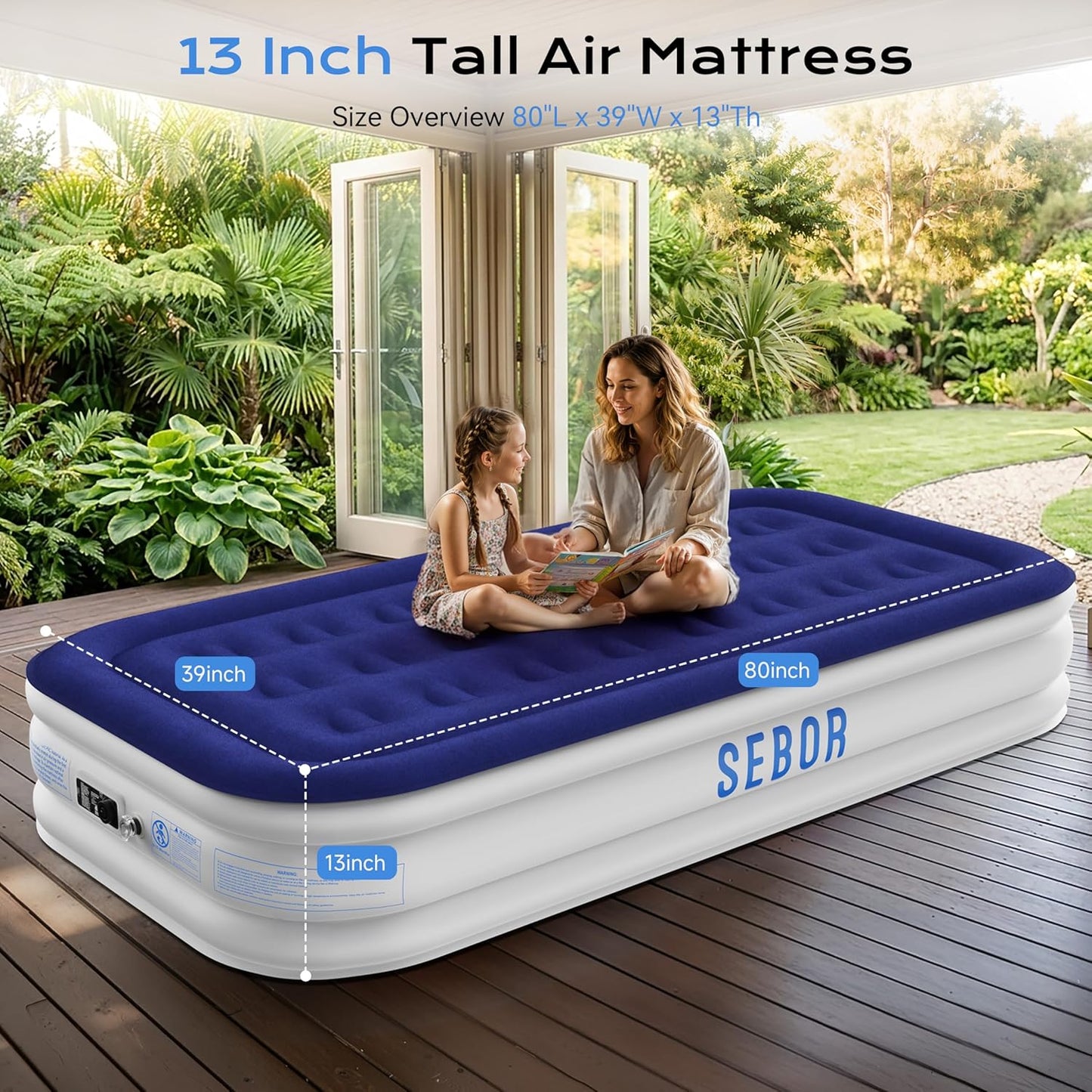 Air Mattress Twin with Built-in Pump 13", Comfortable Self-Inflating Blow up Mattress, Blue