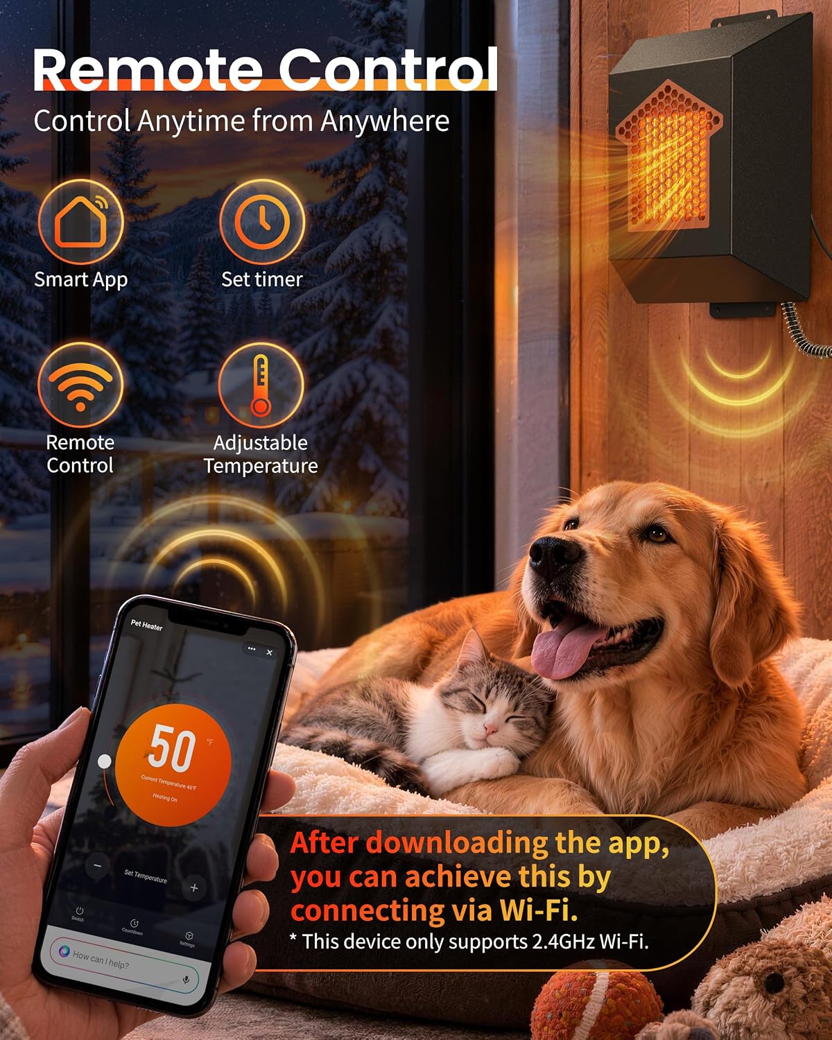 Dog House Heater 600W, Wall-Mounted Heater with WiFi & Timer for Pet House