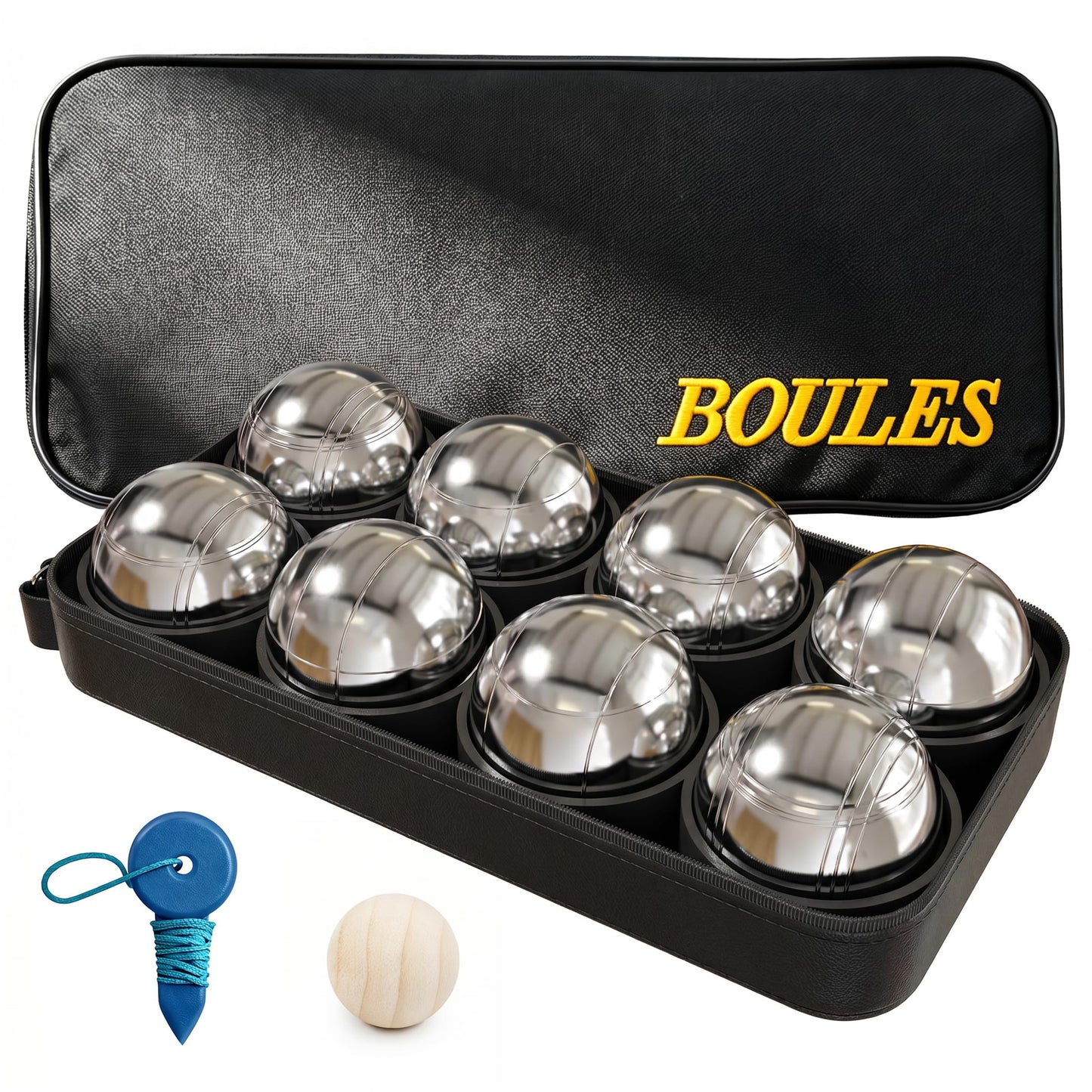 MR 73mm Metal Silver Bocce Ball Set with Carry Bag | 8 Metal Bocce Balls, Pallino Jack & Measuring Rope; Oxford Carry Bag; Lawn Beach Backyard Outdoor Game Kit