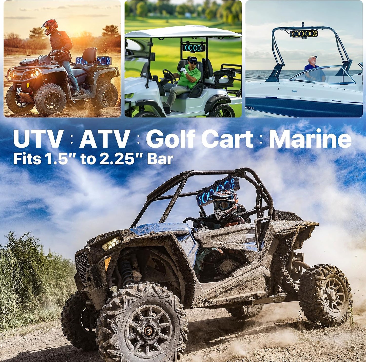 GoHawk 25" UTV Sound Bar with Subwoofer, 8-Speaker SXS SoundBar with Bluetooth and RGB Lighting, Waterproof ATV & Golf Cart Speakers, Compatible with Polaris RZR Can-Am X3 Defender Marine w/FM Radio