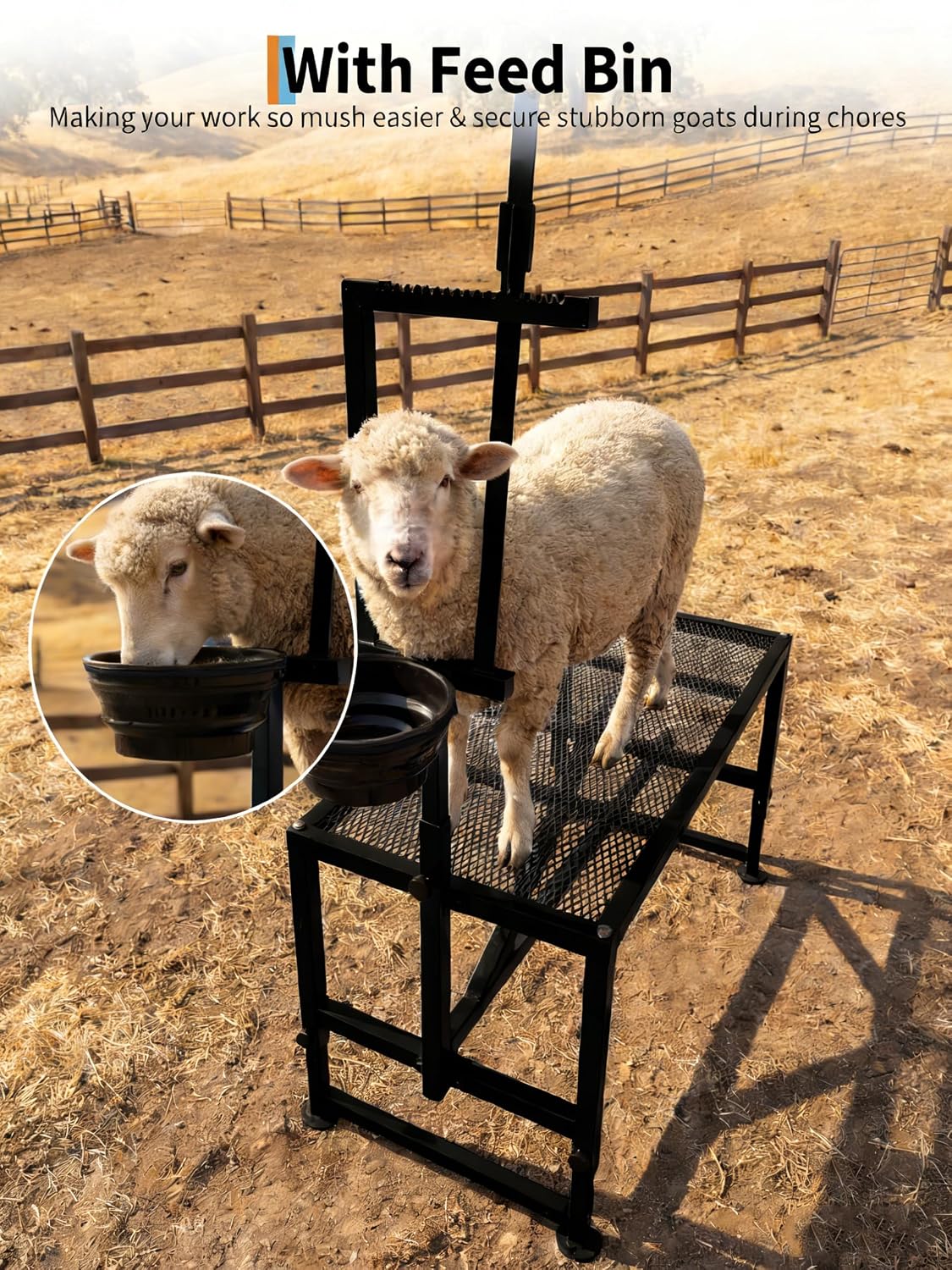Heavy-Duty 400LBS Goat Stand with Feed Bin, 35 Inch Goat Milking Stand Adjustable Headpiece & Legs, Livestock Table for Grooming, Shearing, Physical Examination, Black
