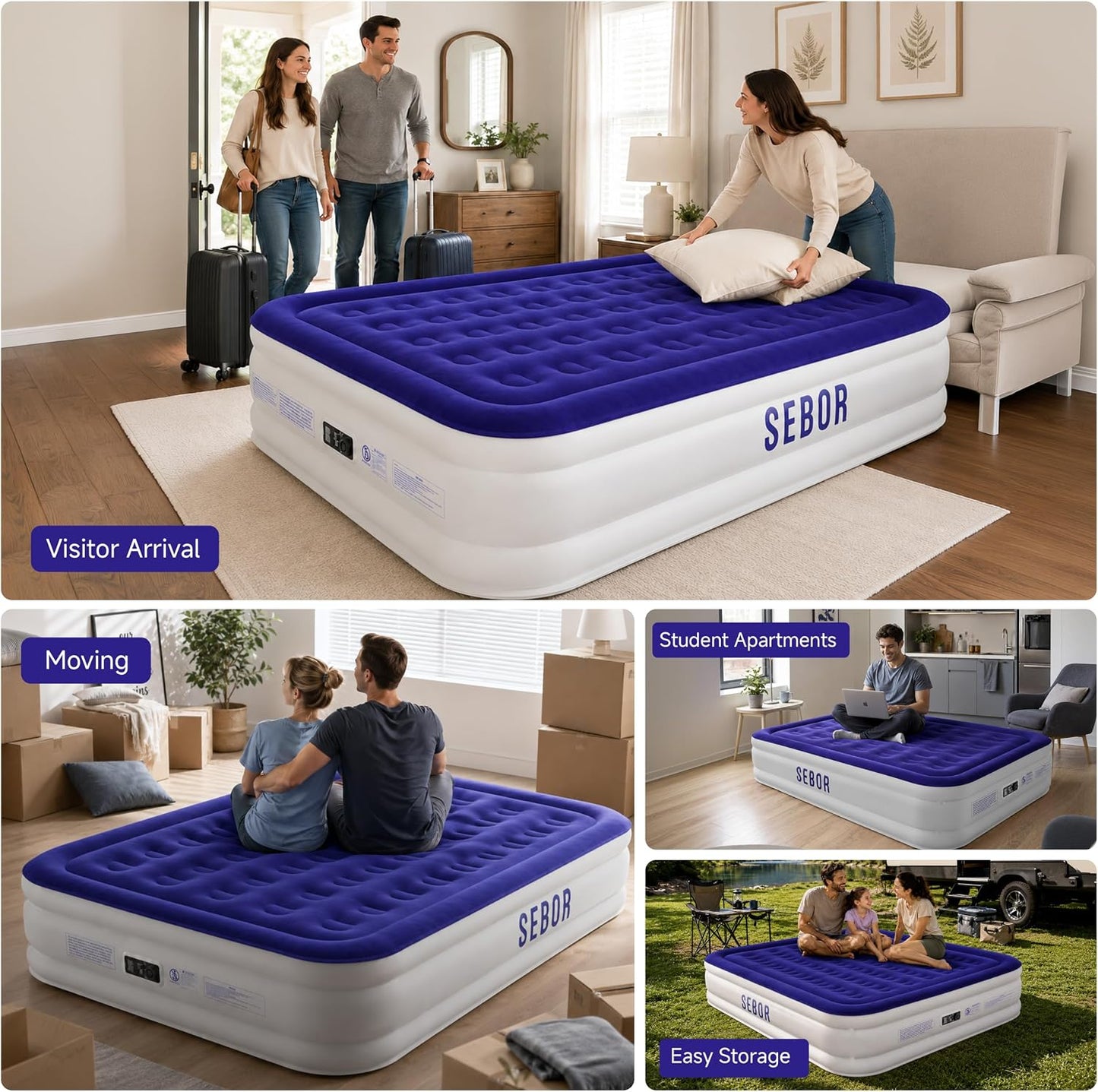 Sebor Air Mattress Queen with Built-in Pump 18",Self-Inflating Blow up Mattress with High-Speed Pump, Durable Twin Size Air Mattress with Storage Bag for Guests,Camping,Travel Blue