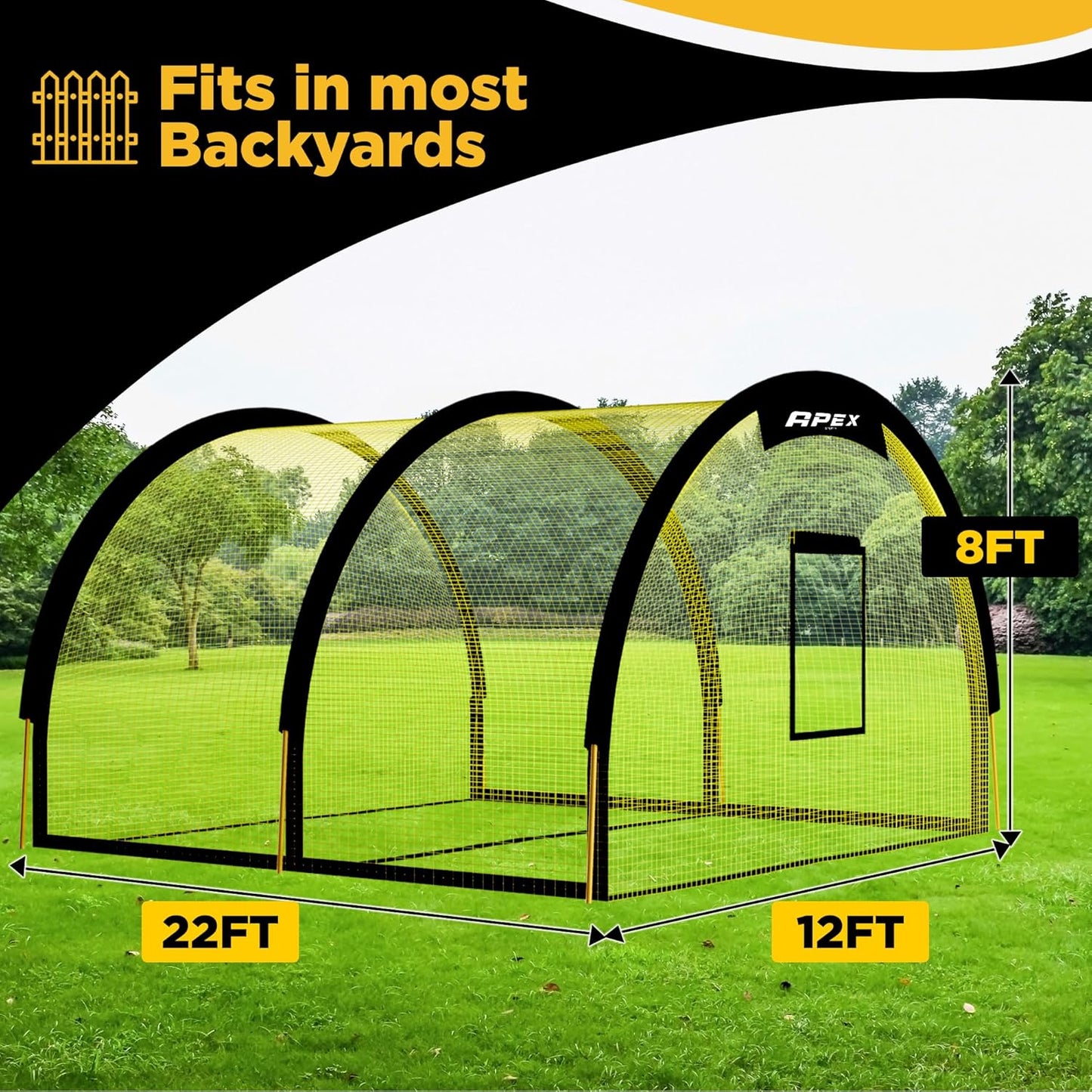 Apex Sports Portable 22ft x 12ft x 8ft Baseball & Softball Batting Cage with Pitching Machine Hole, 3ply 1.25&#39;&#39; Yellow Netting, Secure Steel