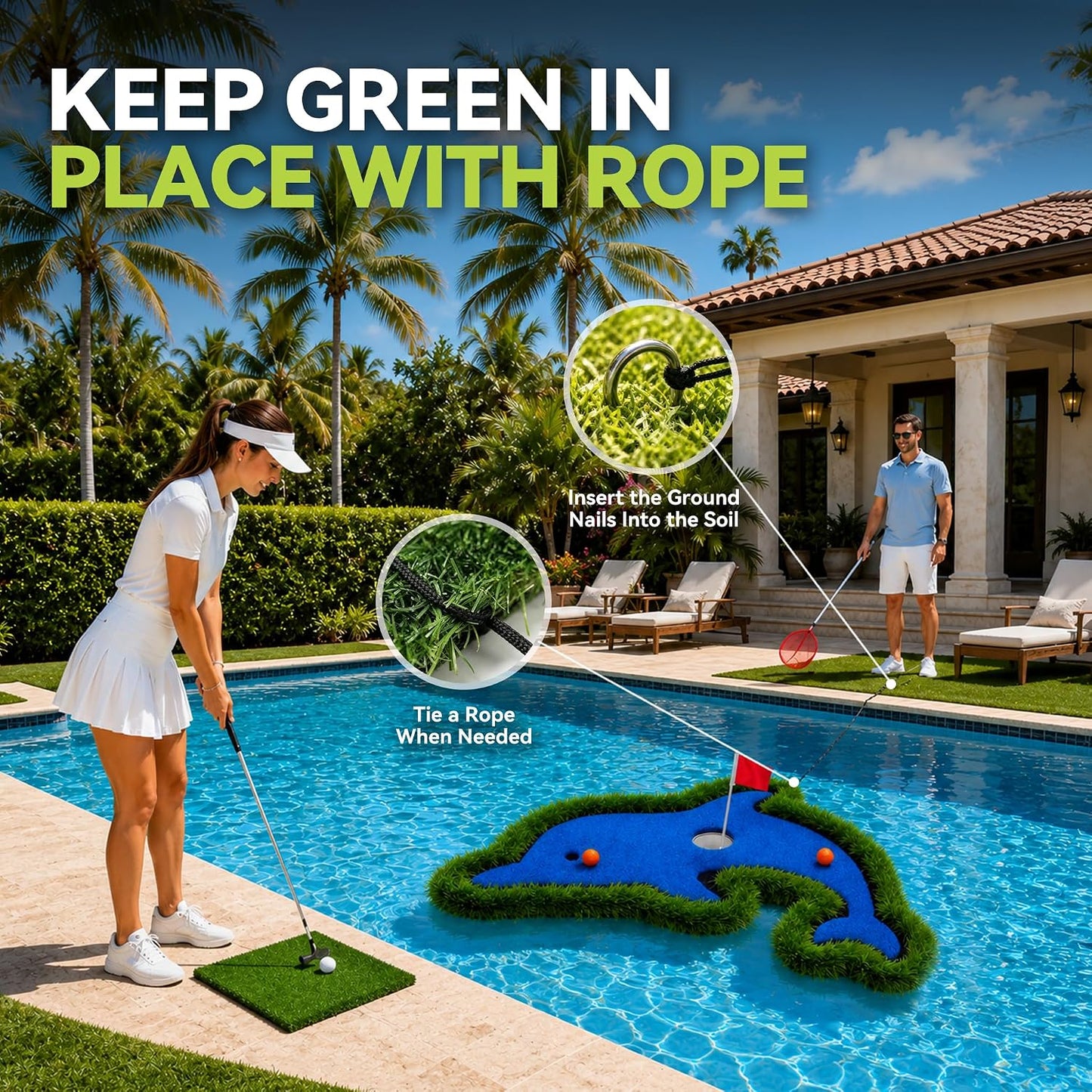 Dolphin-Shaped Floating Golf Green for Pool, 27.5x40 Inch Pool Golf Game Floating Set with Chipping Mat and Accessories, Backyard Putting Green for Outdoor Water and Land Practice