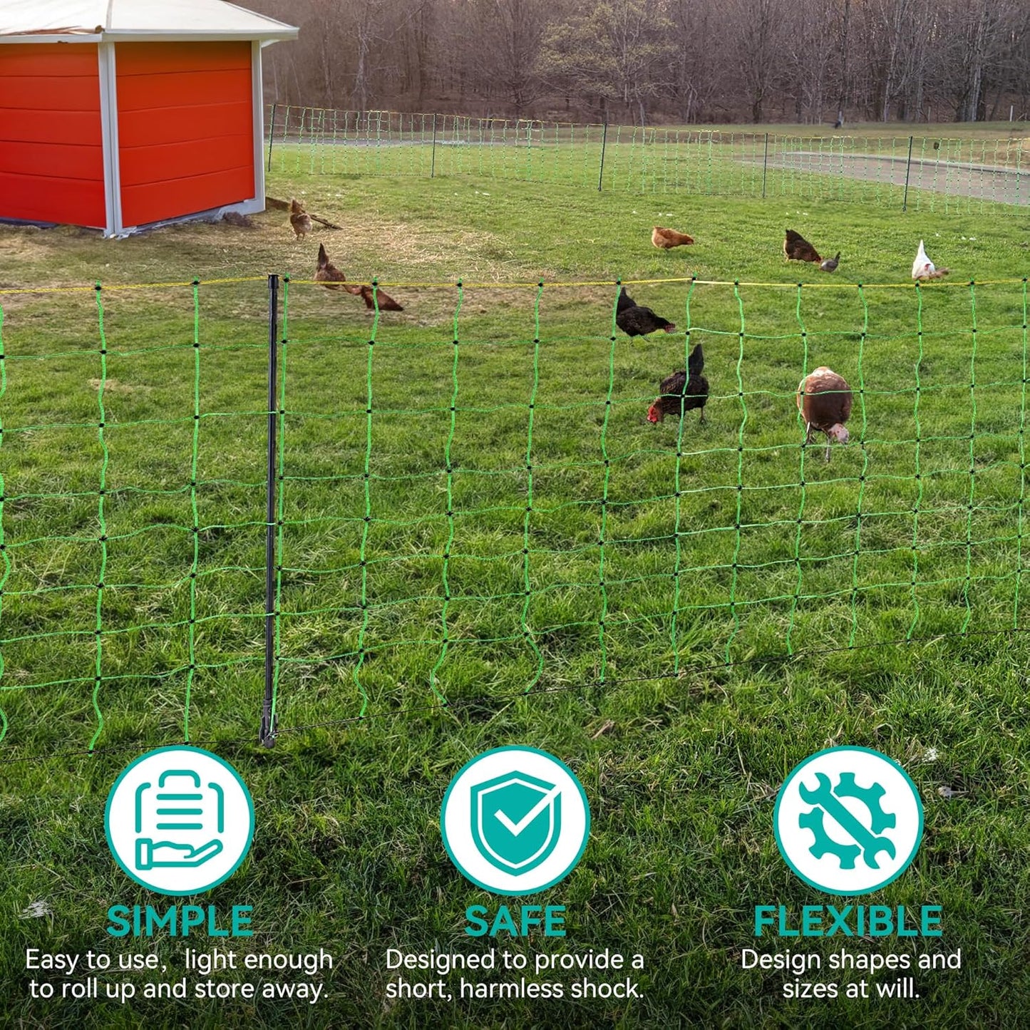 Electric Fence Netting, 42.5 H x 164' L, Portable Movable Livestock Nets Mesh for Goats, Chickens, Hogs All-Pur