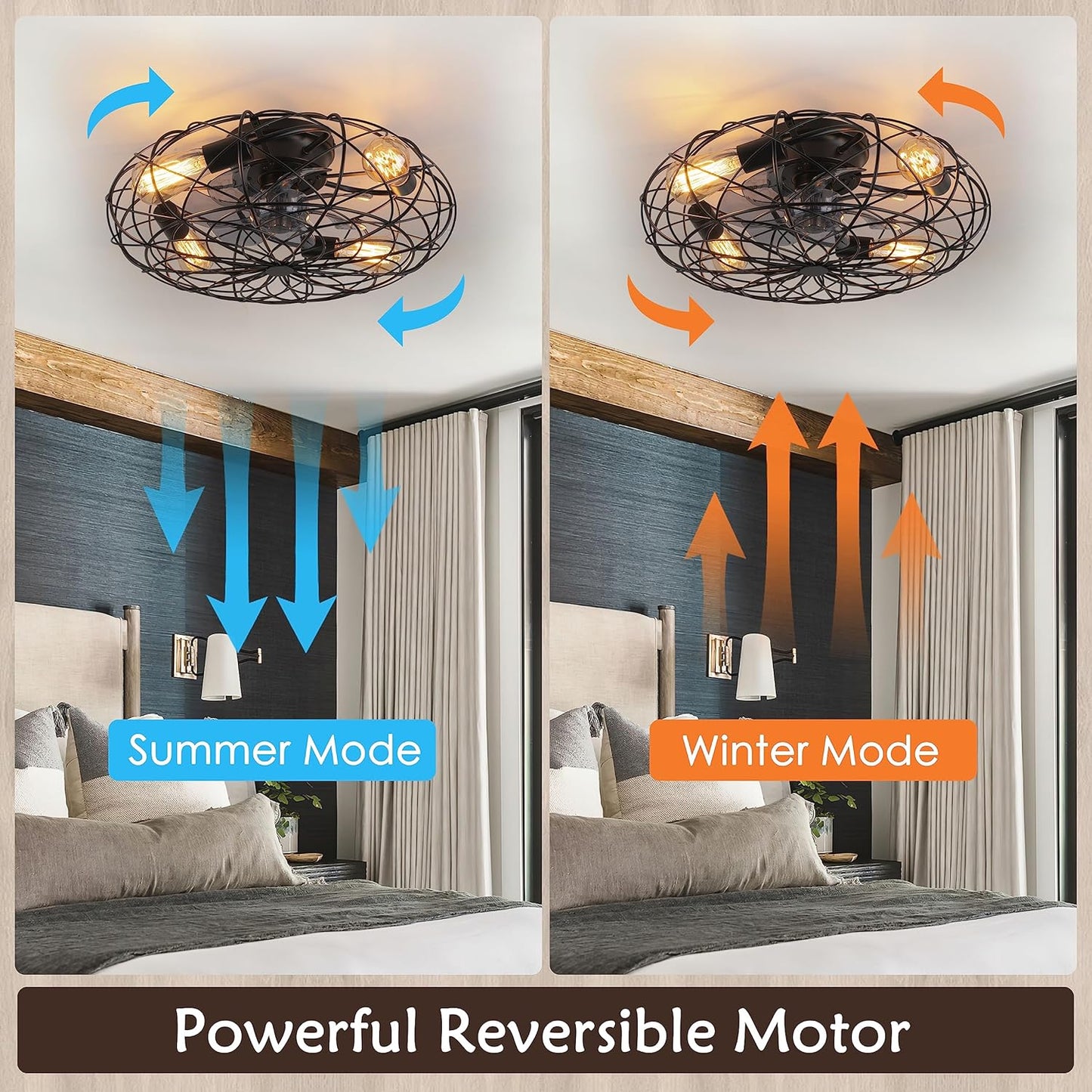 Farmhouse Caged Ceiling Fan with Lights - 20.8 Industrial LED Fans Light Dimmable - Rustic Small Black Flush Mount Fan Lighting Indoor Reversible