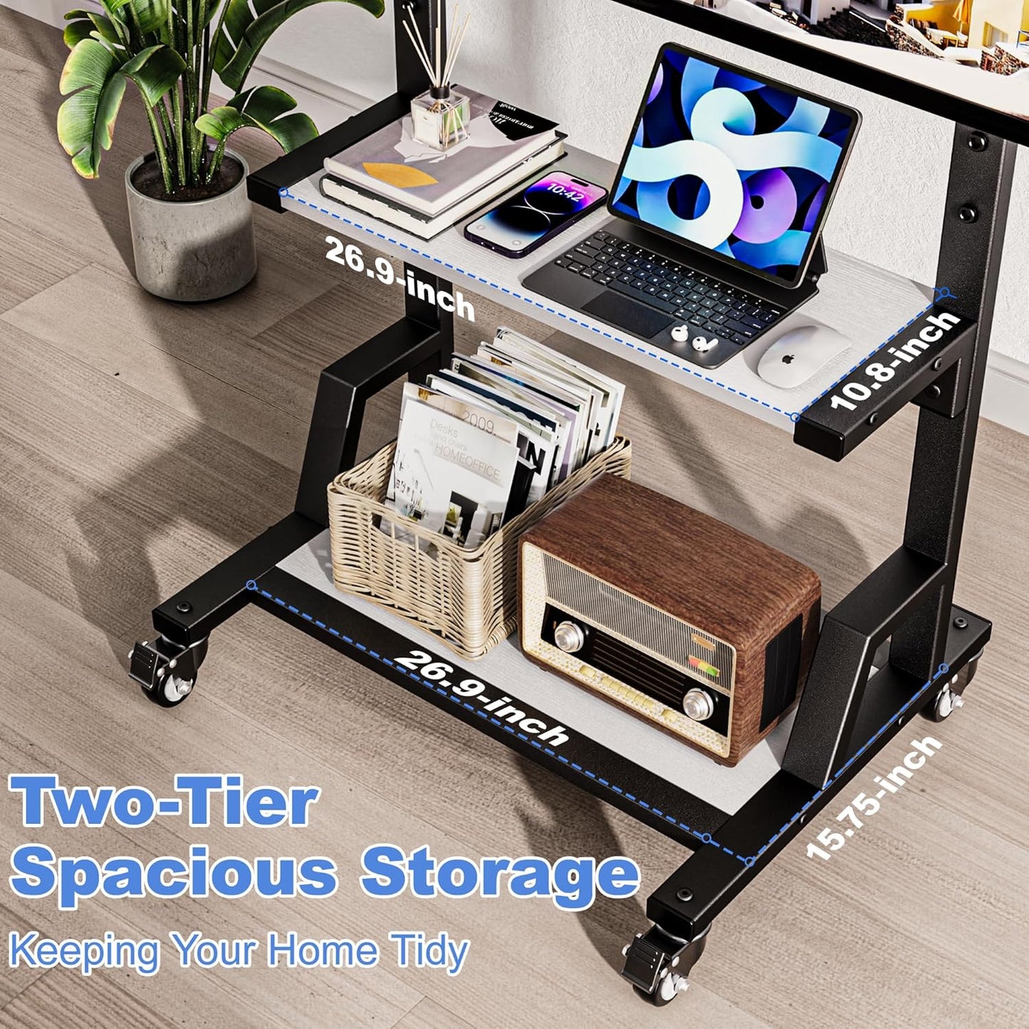 Mobile TV Stand with Storage Shelf, Height Adjustable Rolling TV Cart for 32-75 Inch LCD LED Flat Curved Screens, Portable Wooden TV Stand with