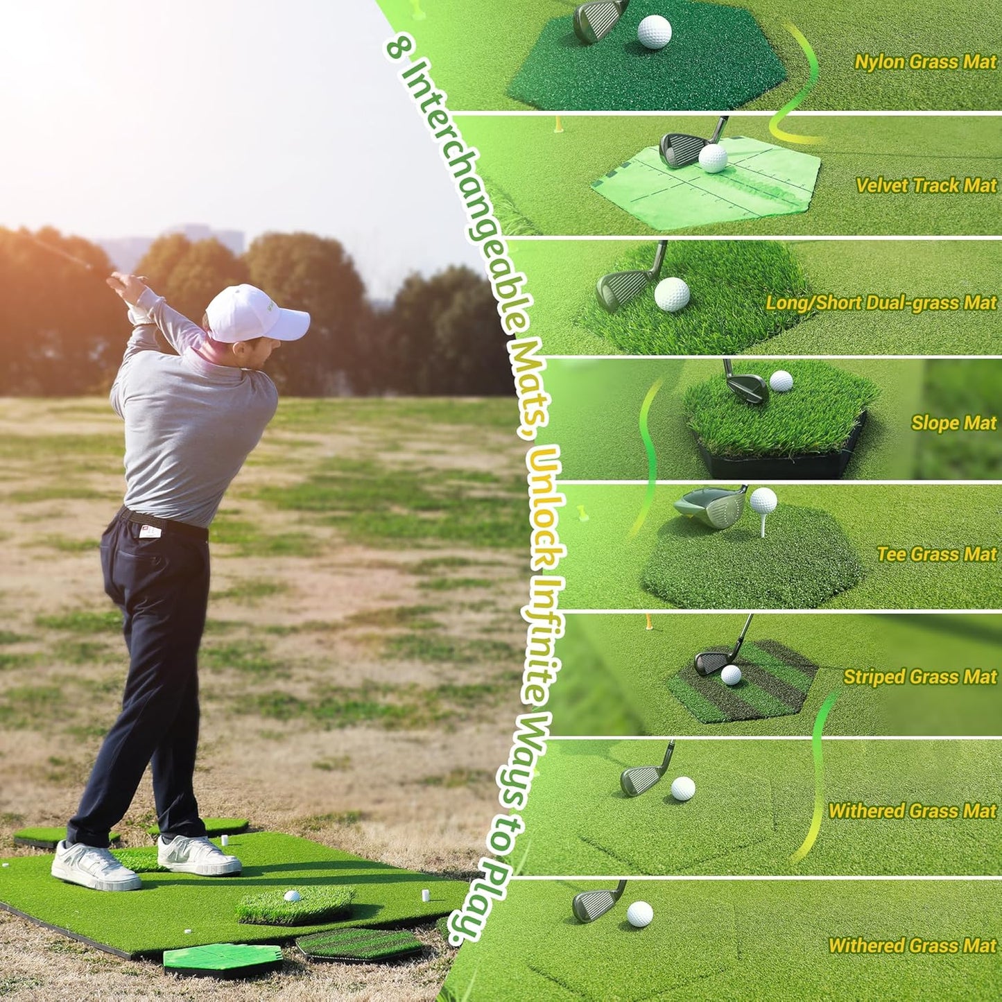 Golf Mat 8-in-1Versatile 5x4ft Golf Hitting Mat for Indoor/Outdoor Practice - 8 Insert Mats - Premium Turf with Enhanced Impact Resistance - Anti-Slip