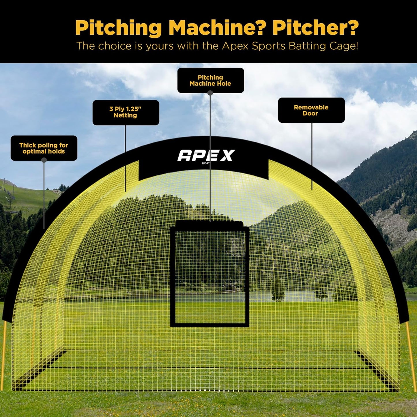 Apex Sports Portable 22ft x 12ft x 8ft Baseball & Softball Batting Cage with Pitching Machine Hole, 3ply 1.25&#39;&#39; Yellow Netting, Secure Steel