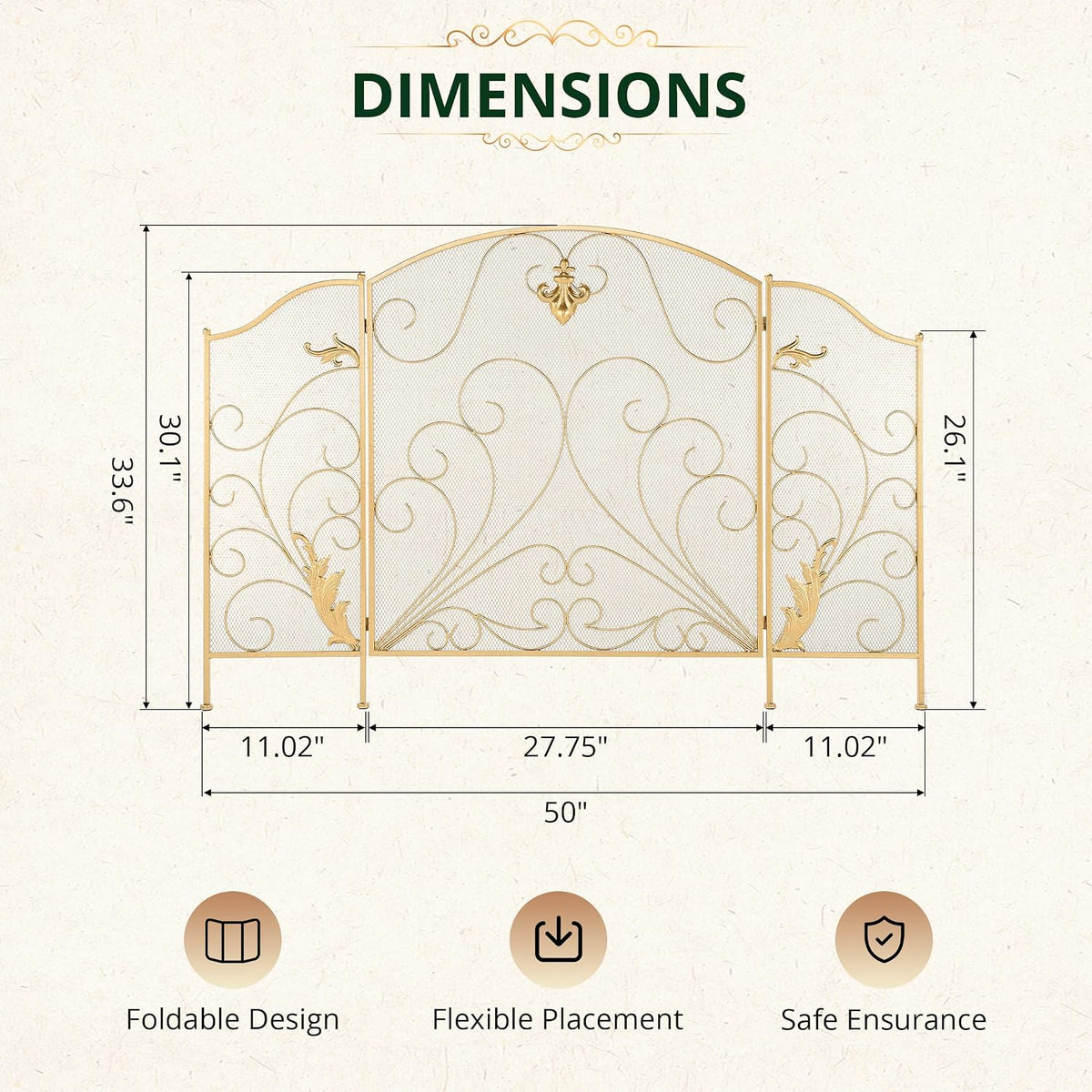 50 x 33.6 Inch 3-Panel Foldable Wrought Iron Fireplace Screen