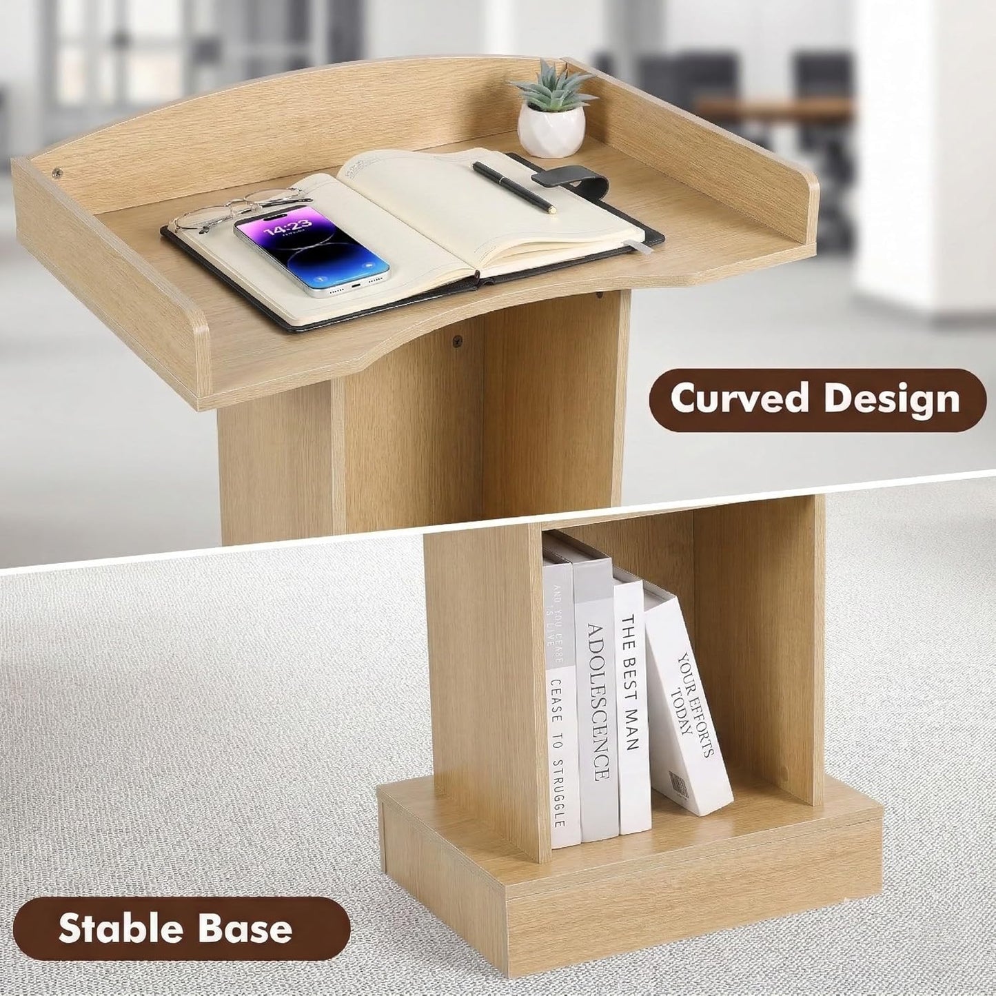 Wooden Podium Stand with Storage Shelves, Oak Color, 47.5" Height, Lectern for Presentations, Church, Classroom, Wedding Speech, Heavy Sturdy Base, 23.6x15.7 Inches Desktop