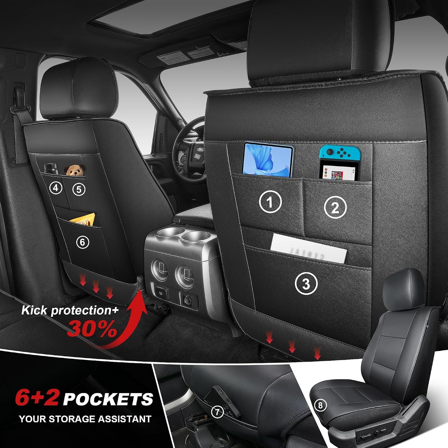 TTX LIGHTING Custom Fit Front Seat Cover for Ford F150 2009-2026 - F250/F350/F450 2017-2026 Waterproof Full Set Breathable Faux Leather Car Protector Cushion Accessories(Black-Vine)
